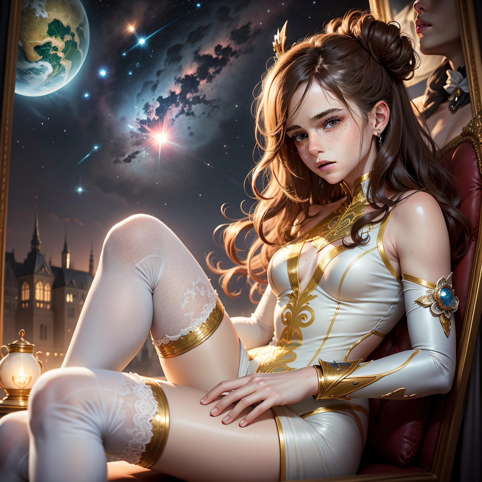  emma watson as a magical girl. tight intricate white suit. freckles, beautiful face, masterpiece, intricate detail. sitting. background cosmos. night.