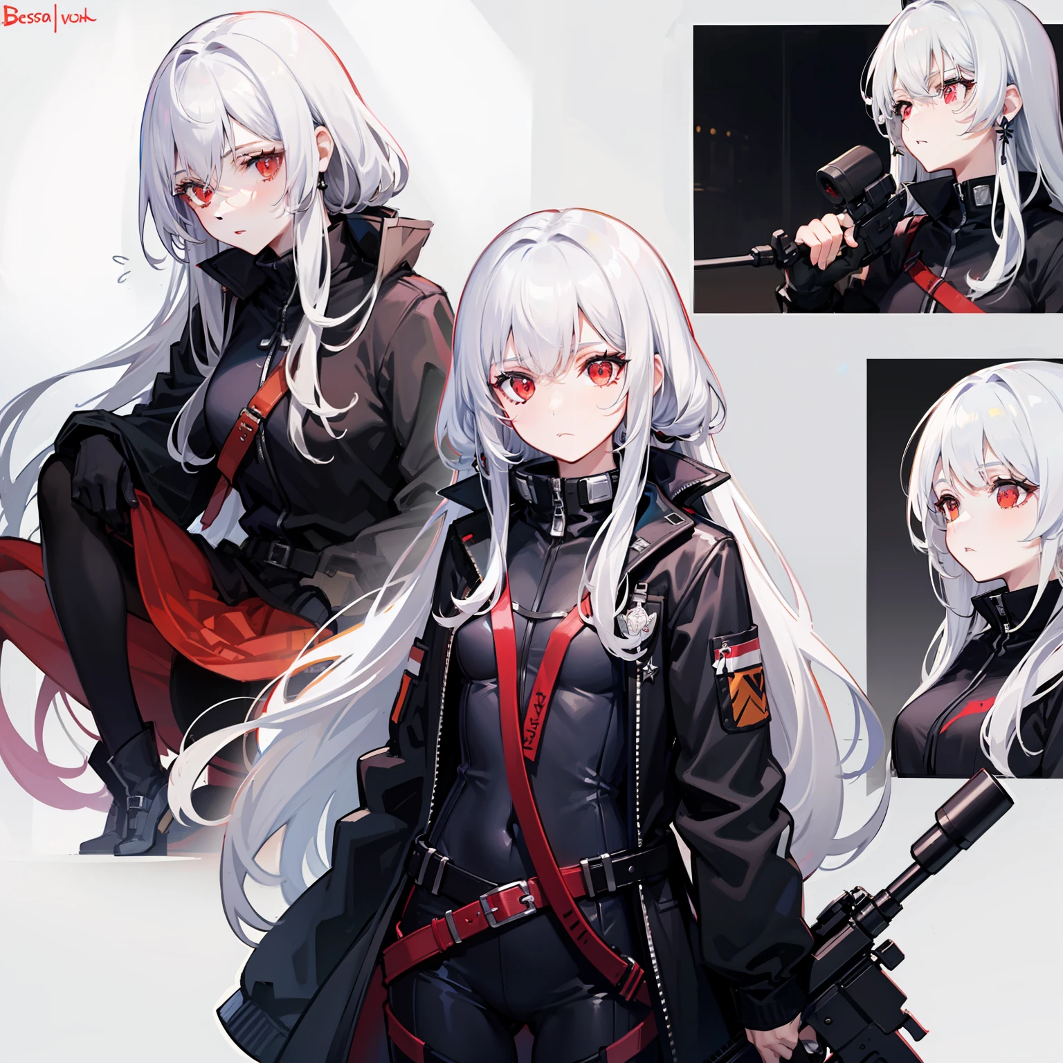 cohesive background,(character sheet:1.1),(clothes:1.15),clothes sheet,masterpiece,(bestquality),highlydetailed,ultra-detailed,pale,red eyes,white hair:1, long hair,hair rings,sniper rifle,black bodysuit,medium bust,high and cold expression, belt wrapping, dagger decoration,