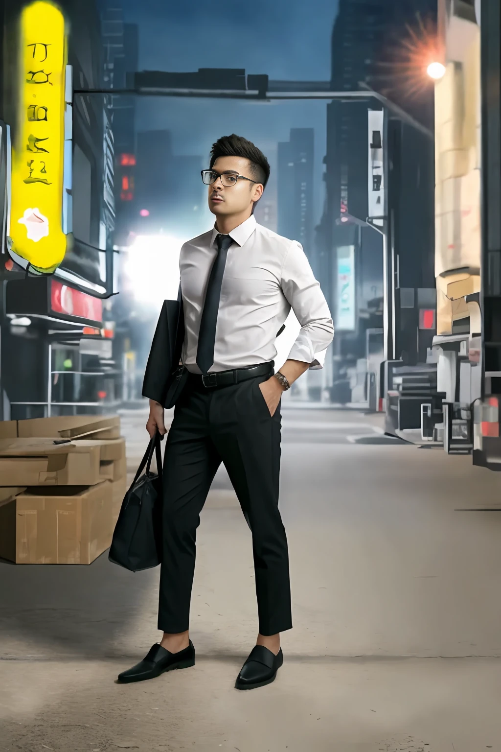 1man, big bump, Stubble,
a 30 year old muscular male wearing glasses, long-sleeve white shirt and tie, wearing leather shoes,
Full body, Soft lighting,
masterpiece, Best quality, 8K UHD, Digital SLR, filmgrain, Fujifilm XT3 photorealistic painting art