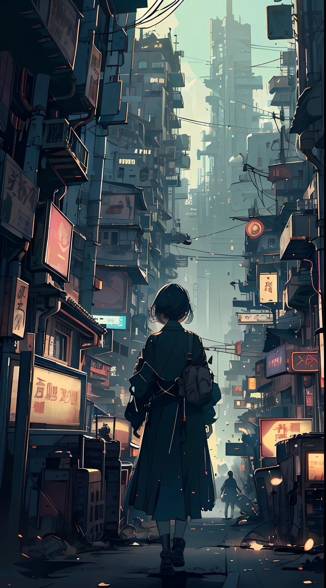 A ray of hope in a dystopia、A young girl wanders into a dark Chinese skyscraper、One little girl's back in the back center of the screen、Very complex cityscape、A devastated world、Pulling composition、industrial、High-definition depiction、A city lined with electric wires、Magic Hour、Make a story with 4 sheets