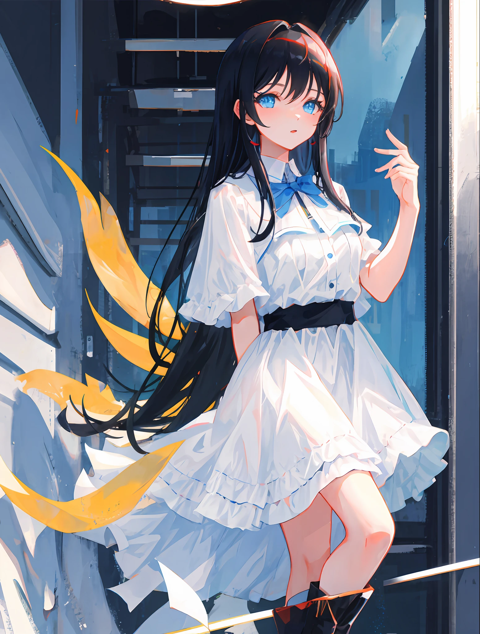 Girl with long black hair and blue eyes wearing white dress。