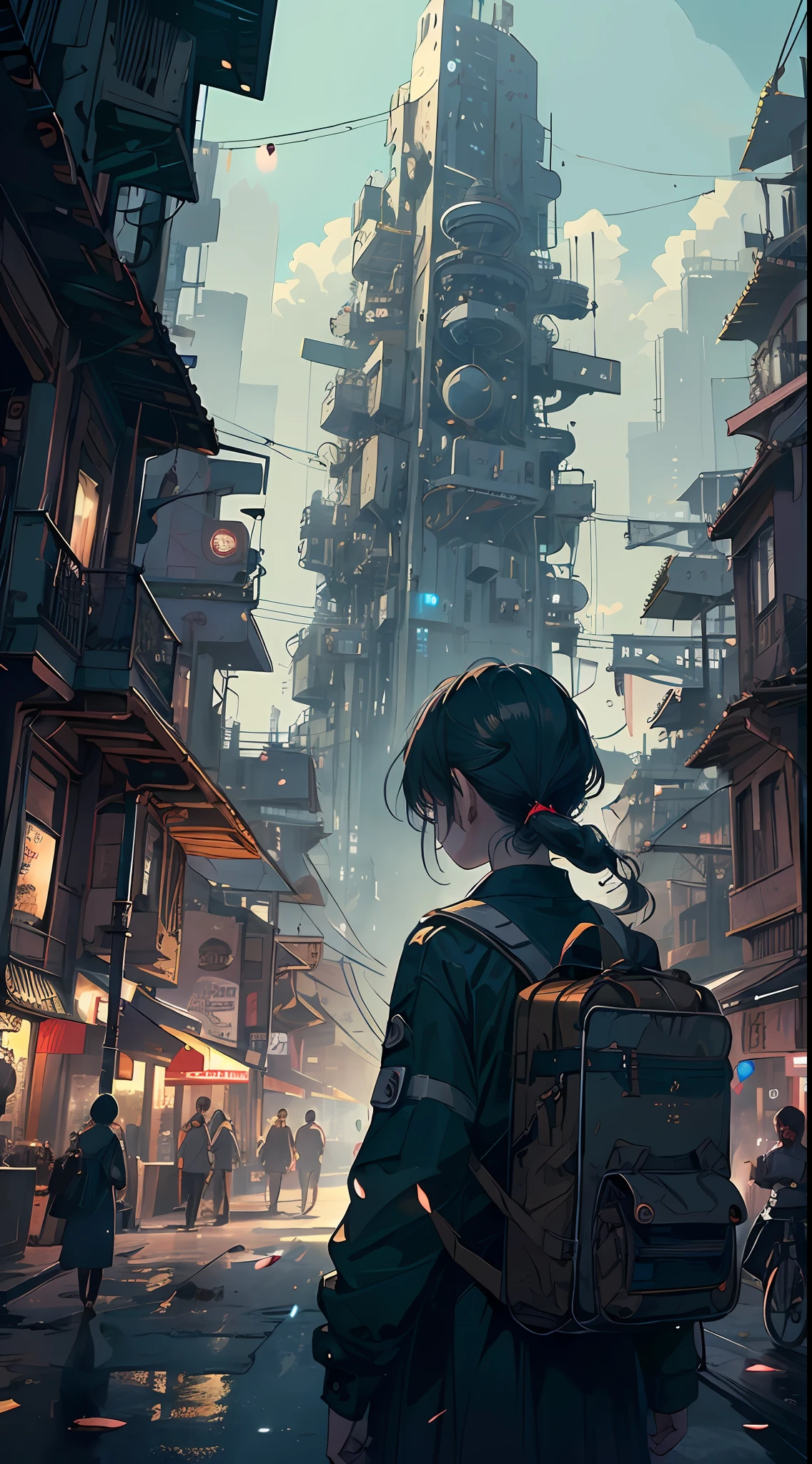 A ray of hope in a dystopia、A girl wanders into a dark Chinese skyscraper、One littlck in the back center of the screen、Very complex cityscape、A devastated world、Pulling composition、industrial、High-definition depiction、A city lined with electric wires、Magic Hour、Make a story with 4 sheets