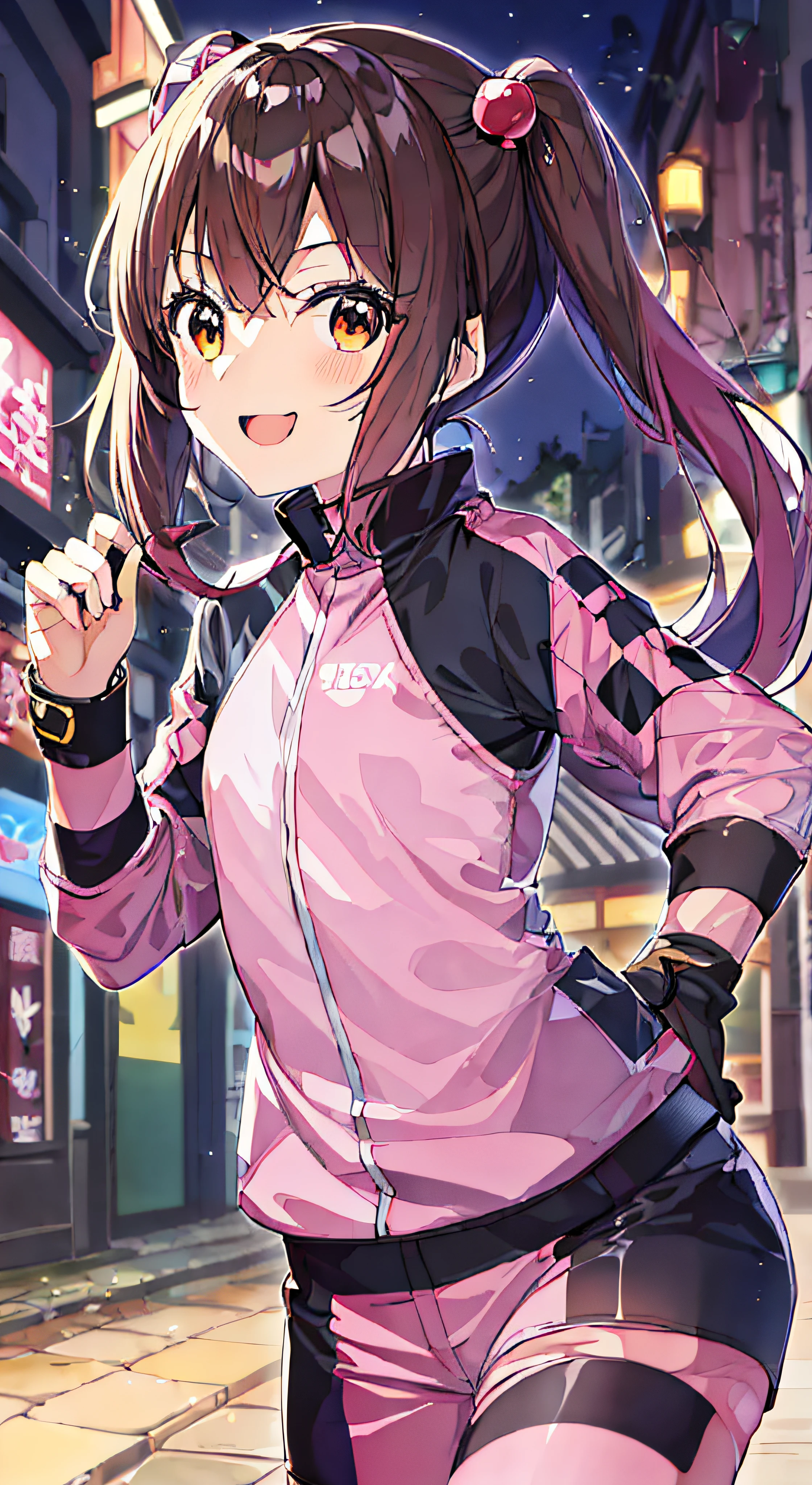 anime girl in pink jacket and black shorts walking down a street, anime moe art style, Anime visuals of cute girls, makoto shinka, best anime 4k konachan wallpaper, high detailed official artwork, hanayamata, Kantai Collection Style, Rin, marin kitagawa fanart, Makoto, Female protagonist 👀 :8, Fine details. girls' frontline