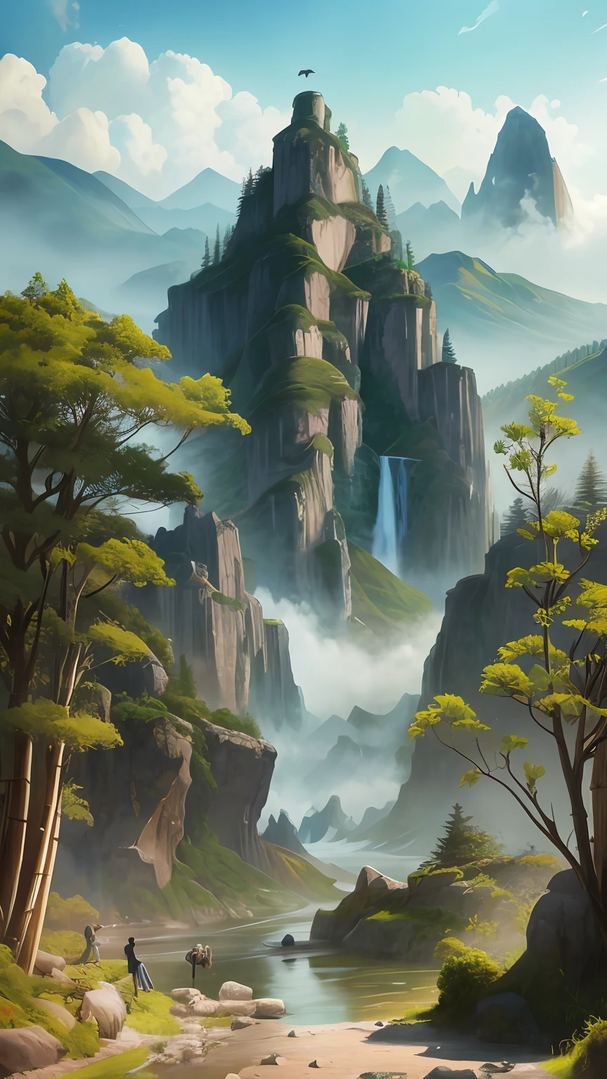 painting of a mountain scene with a waterfall and a man on a horse, 4K fantasy art, ross tran. scenery background, 4k hd matte digital painting, andreas rocha style, 4k highly detailed digital art, Illustration matte painting, Fantasy art landscape, Concept art wallpaper 4K, Detailed painting 4 k, vertical wallpaper, detailed matte fantasy painting --auto