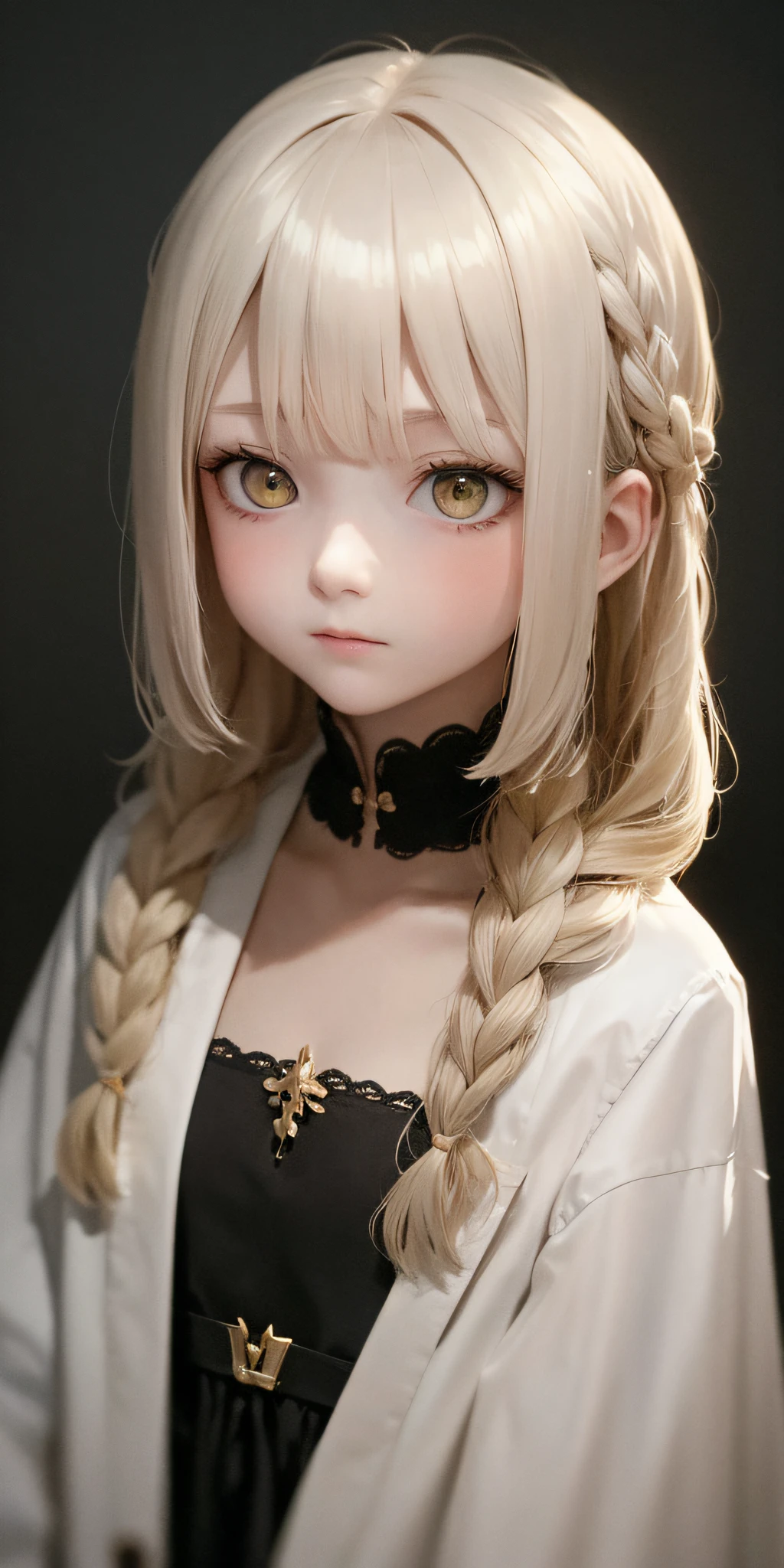 （Shy：1.3），need,masterpaintings,whitehair,Golden eyes,white coats,Look up,Haut du corps,Hairline,Fair skin,side braid