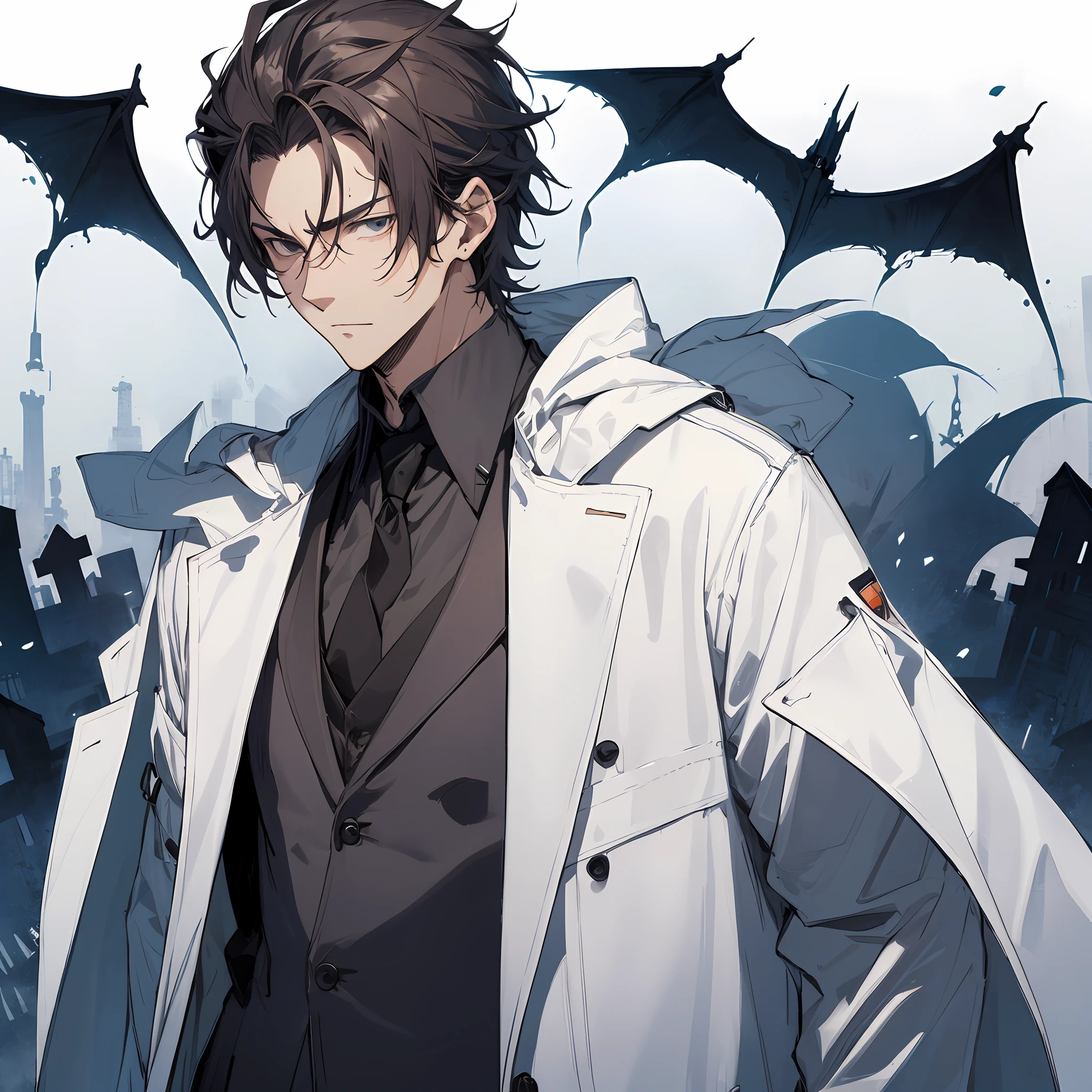 A handsome man，Wearing a white coat，Flat expression，The background is a spooky clinic