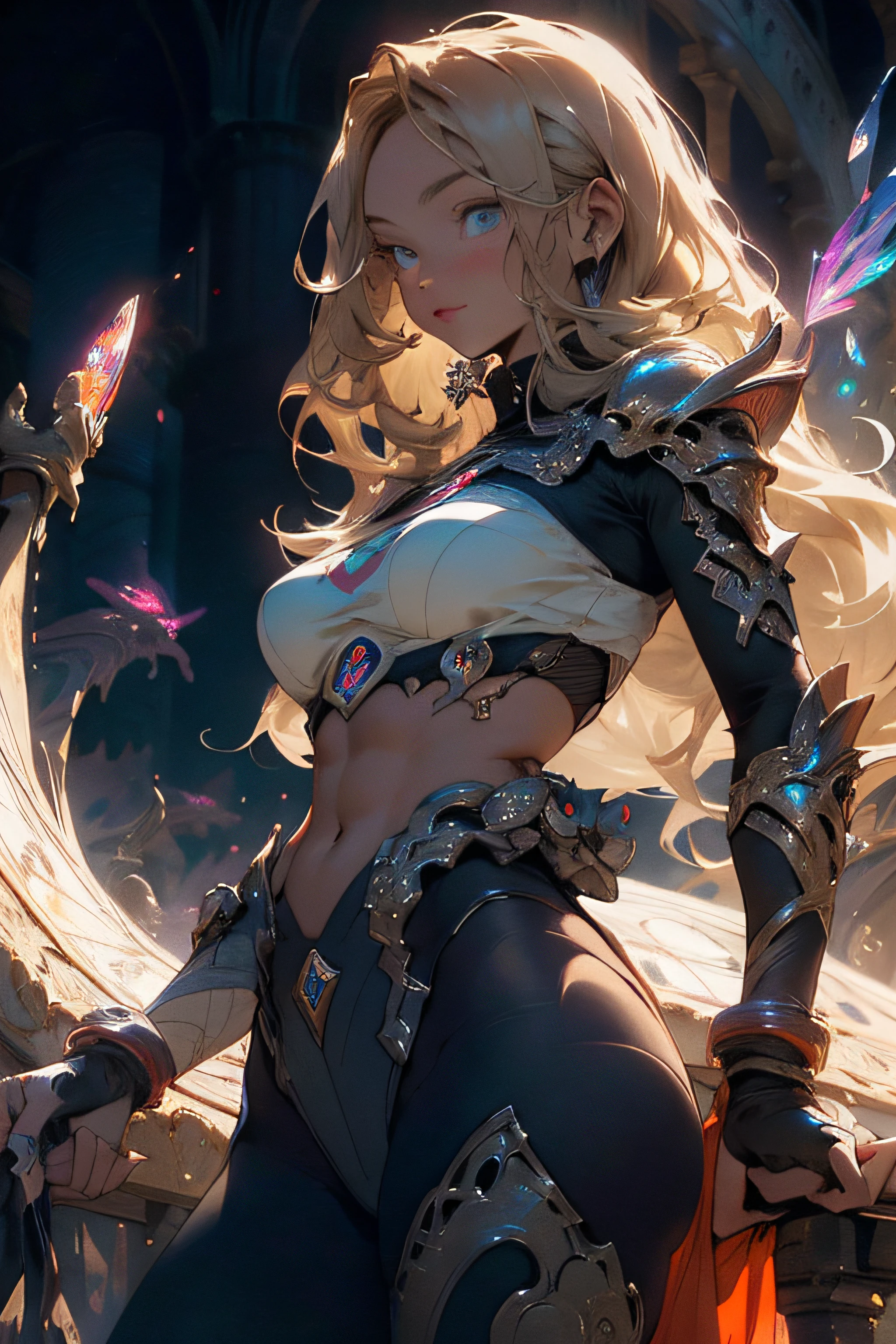 Realistic, (masterpiece, top quality, best quality, official art, beauty and aesthetics: 1.2), very detailed, fractal art, colorful, most detailed, zentangle, (abstract background: 1.5) (1girl), gods, blonde hair, long hair, (glowing blue eyes), big breasts, abs, mysterious, (magic), crystal, red black tights