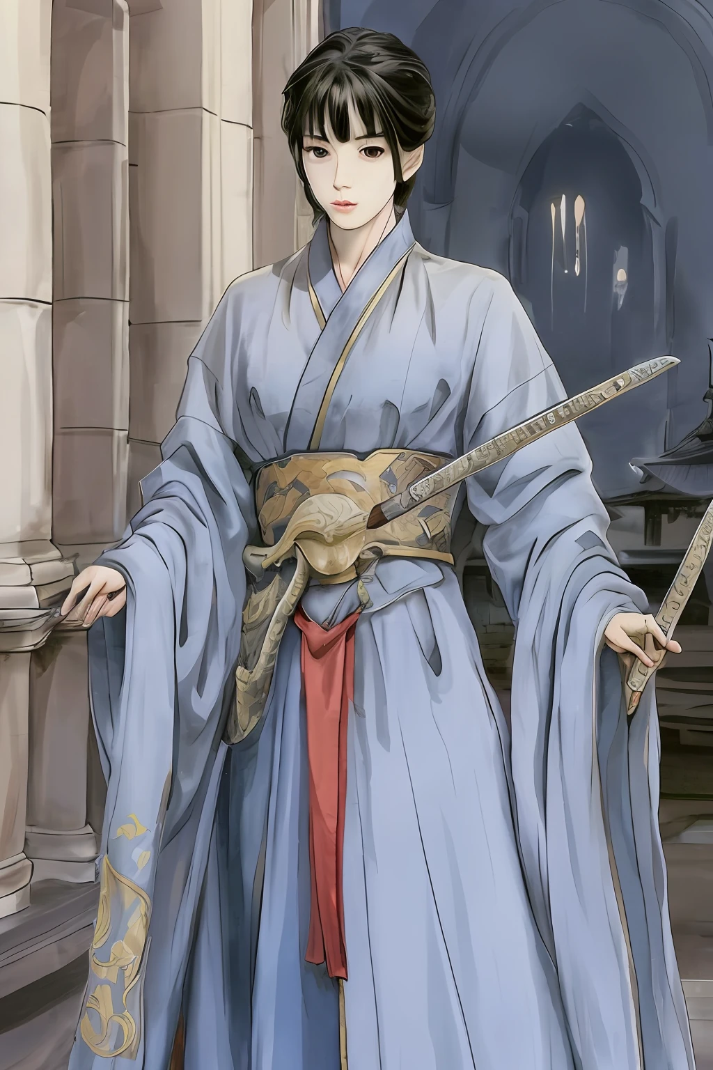 Wuxia，A prince wearing a four-clawed python robe，Holding a lancet sword in his hand，The background is in front of the royal palace hall
