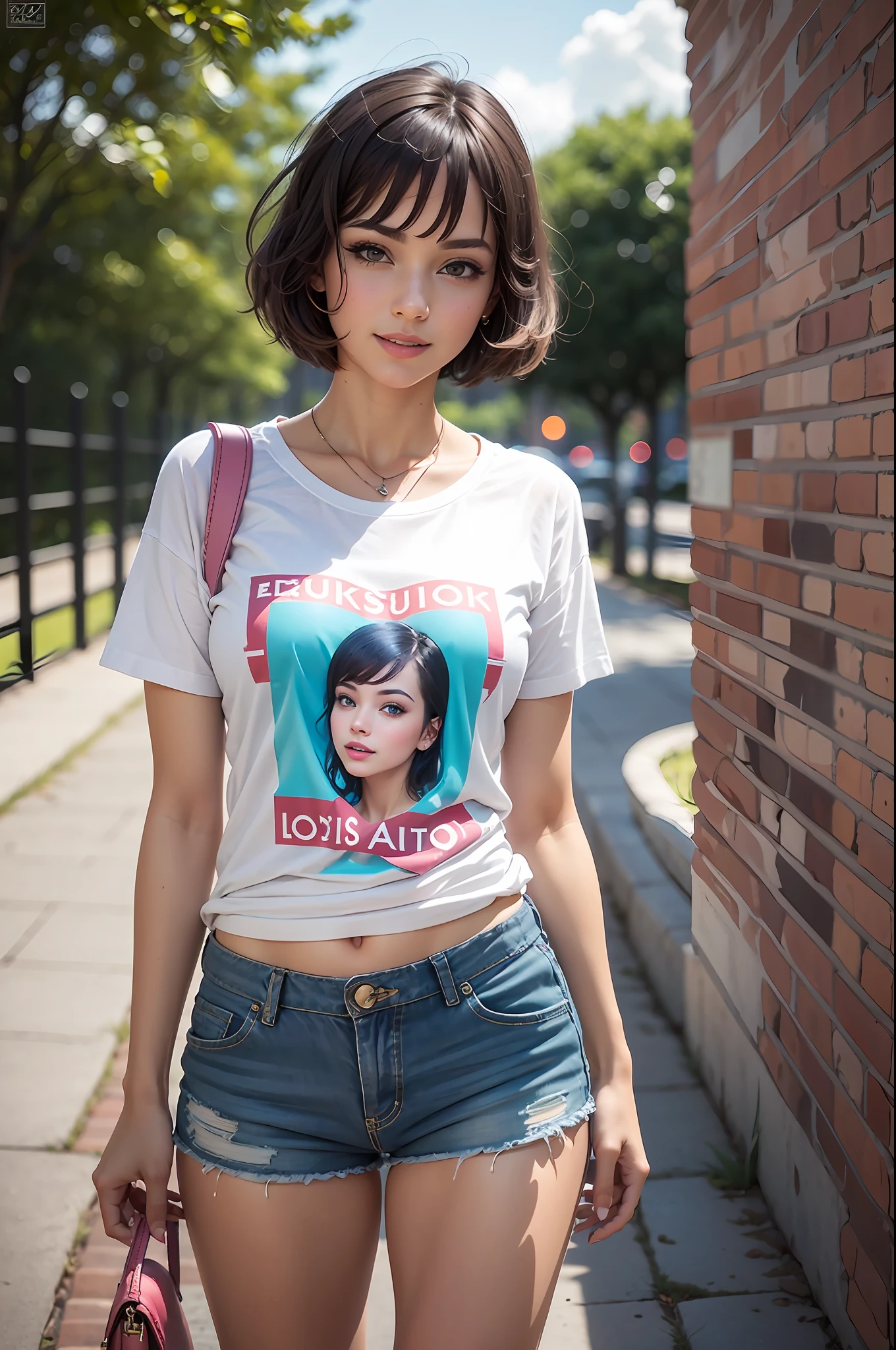 (Detailed eyes and skin: 1,2), (Realistic lighting: 1,1), (realistic shadows: 1,1), ((Best Quality)), (detailing), 8K UHD, Nikon 70d, ISO200, f/2,8, 1/ 25sec, 70mm, (isabelmoner-smf, dora), Mascara eyeliner, (handbag "Louis Vuitton"), (shorts), Brunette, (T-shirt short sleeves "Gucci"), Looking Back, pink sneakers, Cyan eyes, looks at the viewer, a smile, socks, Short Inch Hair, The whole body, from behind, quiff, Solo Focus, plant, tshirt, lips, (Hyper-realistic), park, By the pond, SVG anti-aliasing