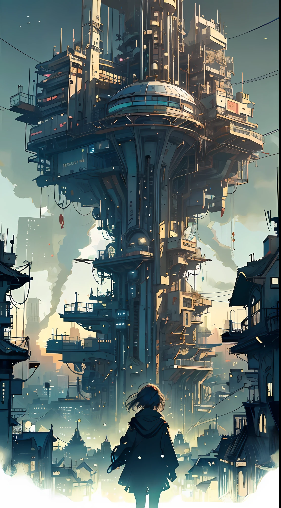 A ray of hope in a dystopia、A girl wanders into a dark Chinese skyscraper、One littlck in the back center of the screen、Very complex cityscape、A devastated world、Pulling composition、industrial、High-definition depiction、A city lined with electric wires、Magic Hour、Make a story with 4 sheets