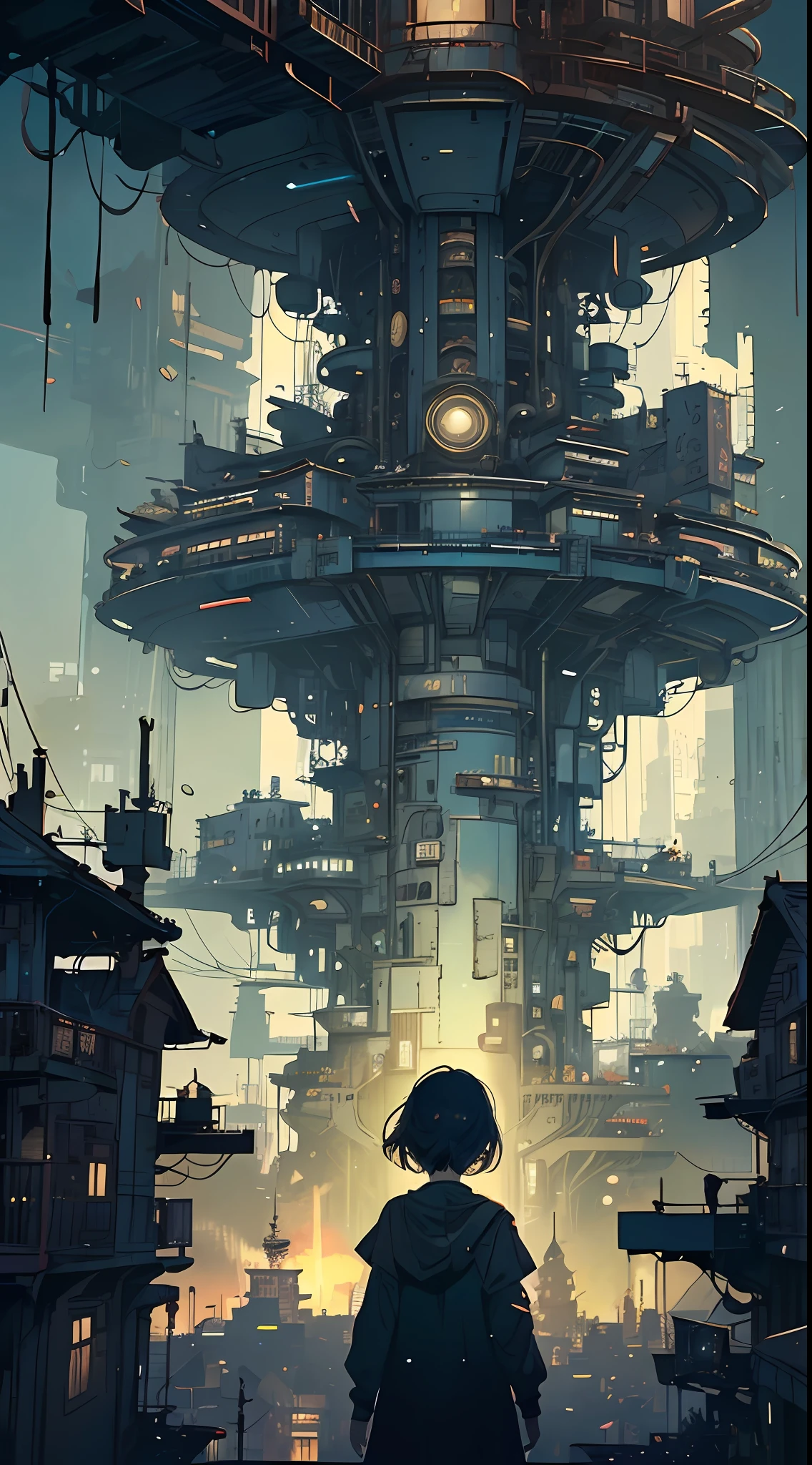 A ray of hope in a dystopia、A girl wanders into a dark Chinese skyscraper、One littlck in the back center of the screen、Very complex cityscape、A devastated world、Pulling composition、industrial、High-definition depiction、A city lined with electric wires、Magic Hour、Make a story with 4 sheets