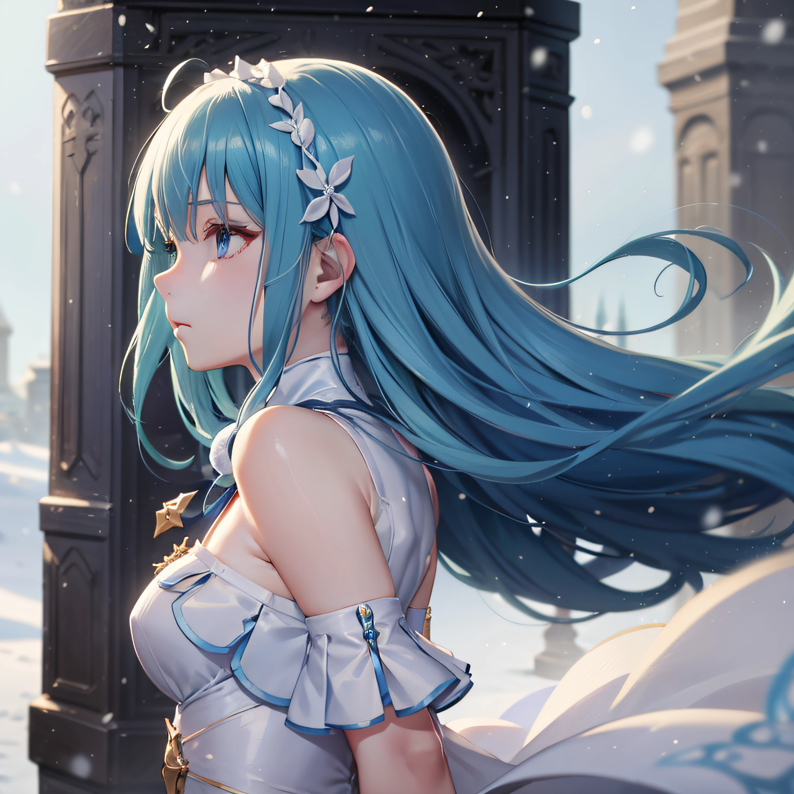 Anime girl with long hair and white sleeveless dress、profile、Blue hair shining、Profile with a lonely expression、Surrounded by fantastic light、stella、Snow white dress