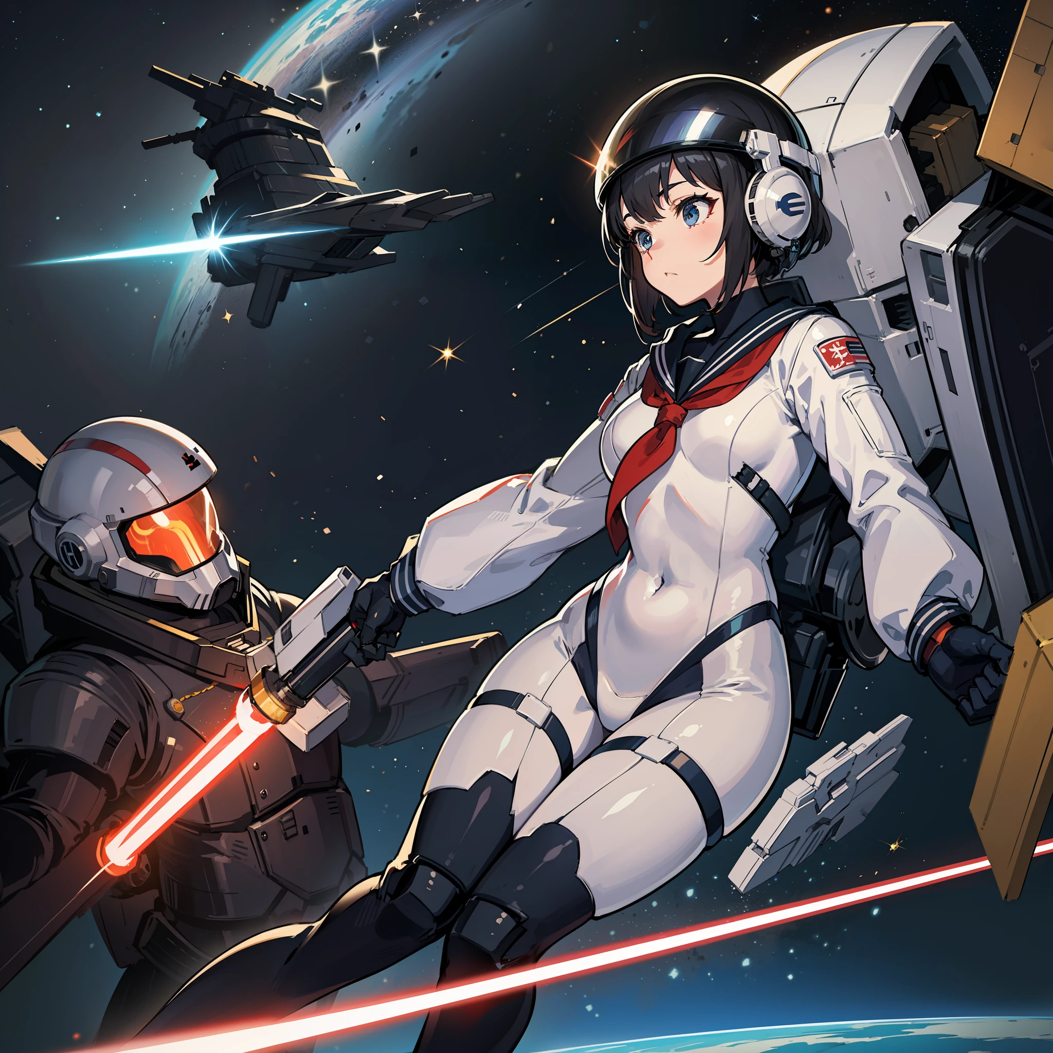 A schoolgirl、Powered Suits、　sailorsuit、lightsaber、spaceships、Space Pirates、unparalleled、spacesuits、weightless、Enemy、Pla、helmet