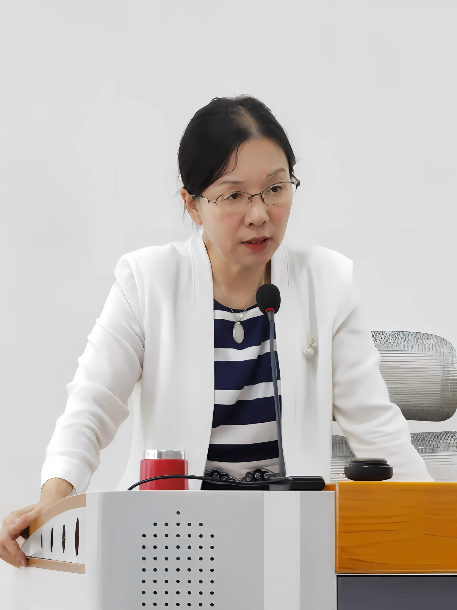 A woman in a white suit speaks from the podium，There is a microphone in front of you, yin zhen chu, su fu, xiang duan, jiyun chae, Yun Ling, mingchen shen, Lu Ji, song nan li, lei min, pengzhen zhang, zeng fanzh, Qiu Fang, zhong lin, lin hsiang