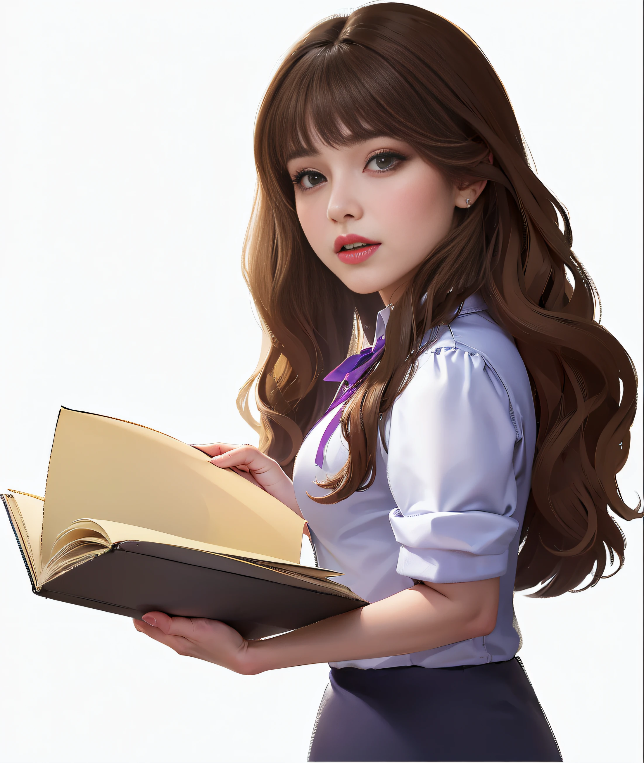 最佳质量，masterpaintings，high resolucion，Nice young girl up close，Her lustrous brown hair elegantly draped below her shoulders，Emerald green eyes attract your attention with their charming gaze，The petite nose adds a touch of charm to her face，Her lips are decorated with rich and seductive purple lipstick，White pearl earrings， She wears stylish overalls，It perfectly highlights her professional demeanor，With a high-performance camera with 9：An image taken with an aspect ratio of 16，The portrait is so realistic，You can almost feel the texture of her skin，painting of a，Executed with oil paint on a smooth canvas，Use a fine brush to capture every intricate detail，（pphotorealistic：1.3）， masterpaintings， 最佳质量， （complexdetails：1.2）， （scenecy：1.3）， 独奏， facefocus， （Close up of：0.8）， ultra-high-resolution， Correct anatomy， Detailed skins， beatutiful face， 1个Giant Breast Girl，Girl in patterned jacket，Detailed eyes and complex pupils，A woman with long brown hair holds a book，Wearing a purple tie, rpg book portrait, Realistic schoolgirl, in the art style of bowater, render of april, detailed character portrait, highly detailed character,softlighting，a pretty girl，Promotional video poster，looking distant，Half of the chibi，cyperpunk，3D Pixar animation style，Christopher Studio Lighting，photorealestic，beste-Quality，professional illustration，Style: romantic soft focus and ethereal light，3D，Cartoony，pixarn： 2. 5 styles，Extremely delicate CG Unity 8K wallpaper，Extremely delicate CG Unity 8K，Dramatic，intrincadamente detalhado，Ultra-realistic -ar 9:16 -niji 5 --stylistic expressiveness --s 180 - realistic photos，edgelighting，duotone lighting，（High Detail Skins：1.2），8K  UHD，Slr，Gentle lighting，high qulity, high resolucion, 4K, 8K,