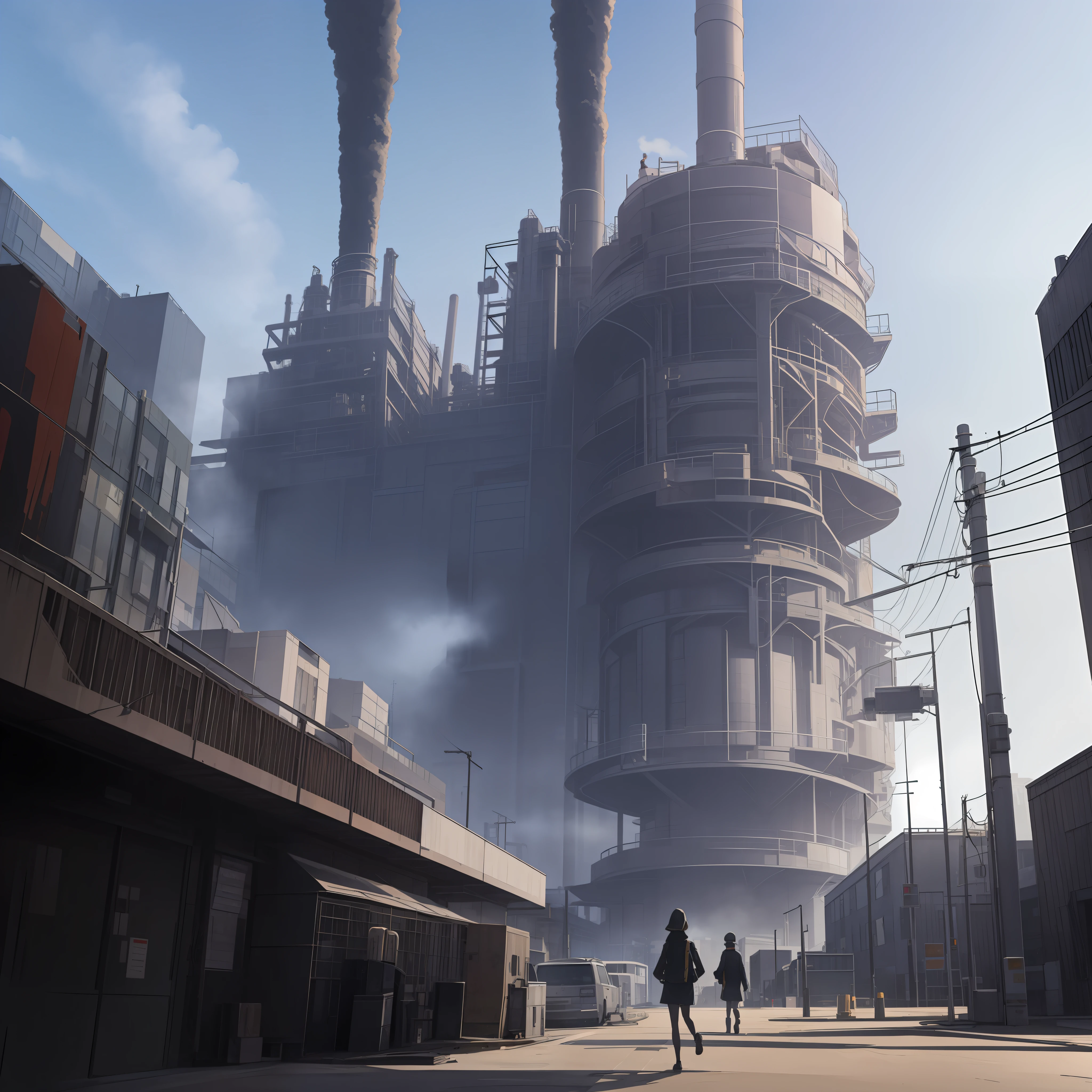 Large industrial city,Girl walking alone on city road,Modernist style,Human perspective,A sky full of haze,The plant's giant equipment is running and emitting black smoke,The streets are run-down but tidy,There are large mechanical facilities that come and go --auto