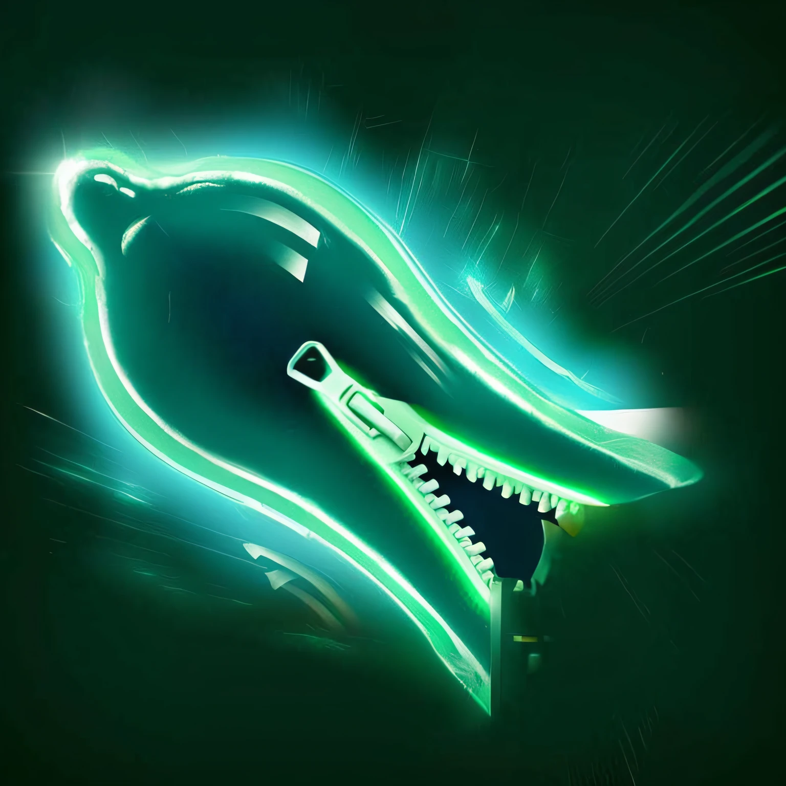 There is a neon green zipper，There is a toothbrush inside, glowing green soul blade, glowing mouth, neon glow concept art, massive glowing neon axe, ghost neon, green lightsaber, cyborg whale, glowing - instruments, green bioluminescent chrometype, luminescent concept art, bright glowing instruments, Glowing sword, glowing particulate，Fill the picture