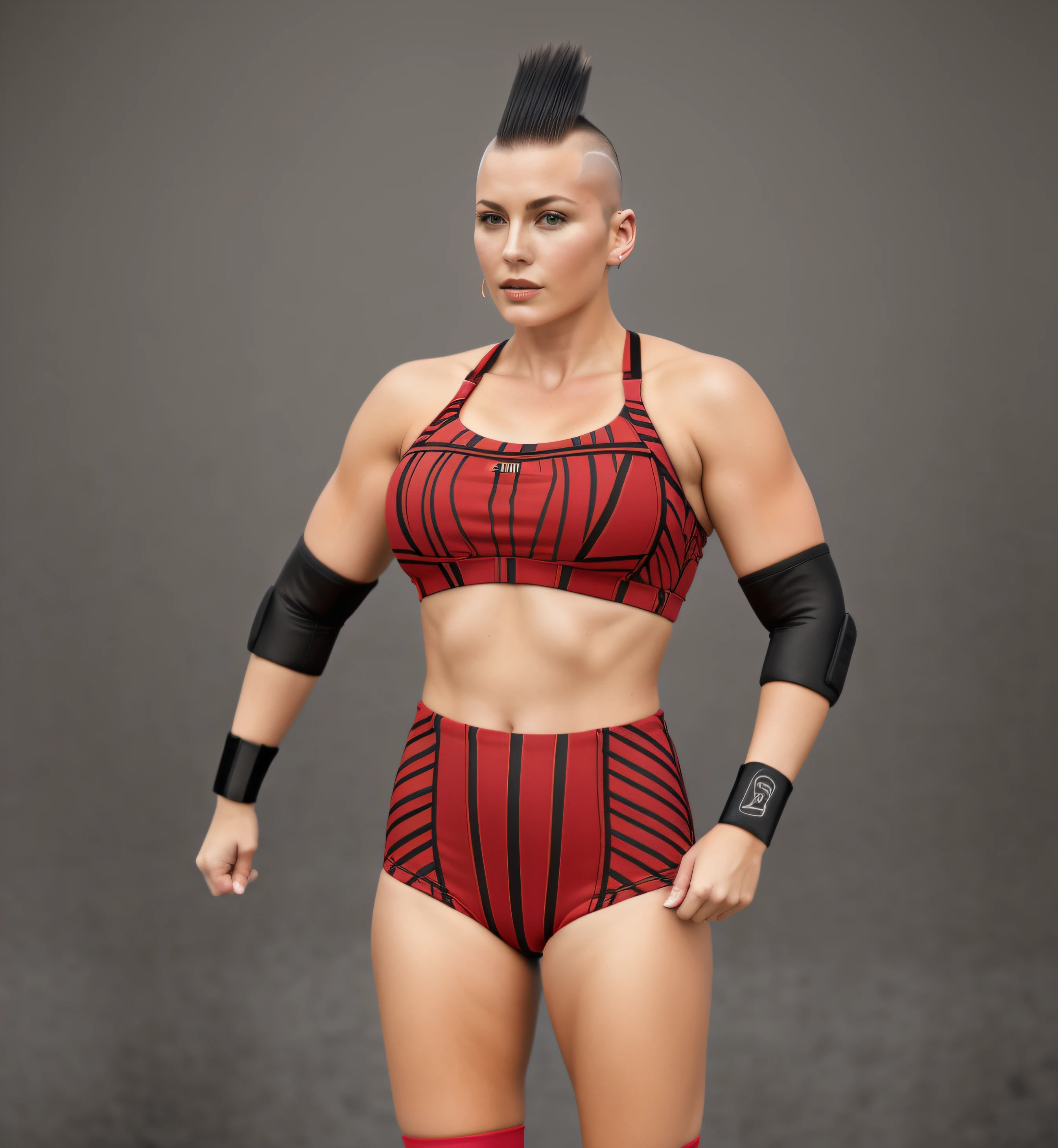 Russian woman with shaved head and brown Mohawk hairstyle, in red and black sports bra that says "OLIVIA", black and red high cut trunks, black elbow pads, black wristbands, photo realistic, intricate details