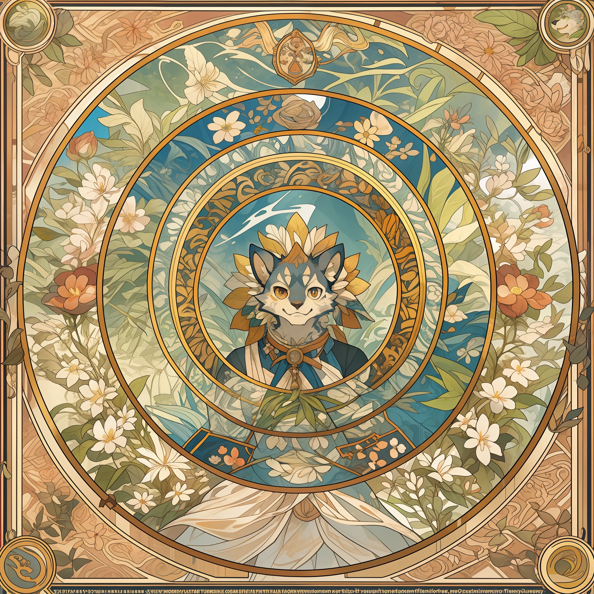 top quality, best quality, logo mark, stamp, Geometric pattern, vector-art, High-quality illustrations by Alfons Mucha, masterpiece(kemono, furry anthro)flower,