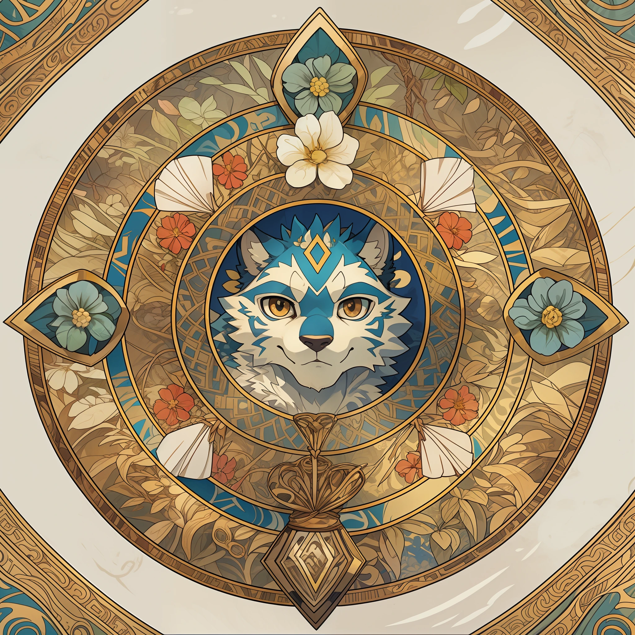 top quality, best quality, logo mark, stamp, Geometric pattern, vector-art, High-quality illustrations by Alfons Mucha, masterpiece(kemono, furry anthro)flower,