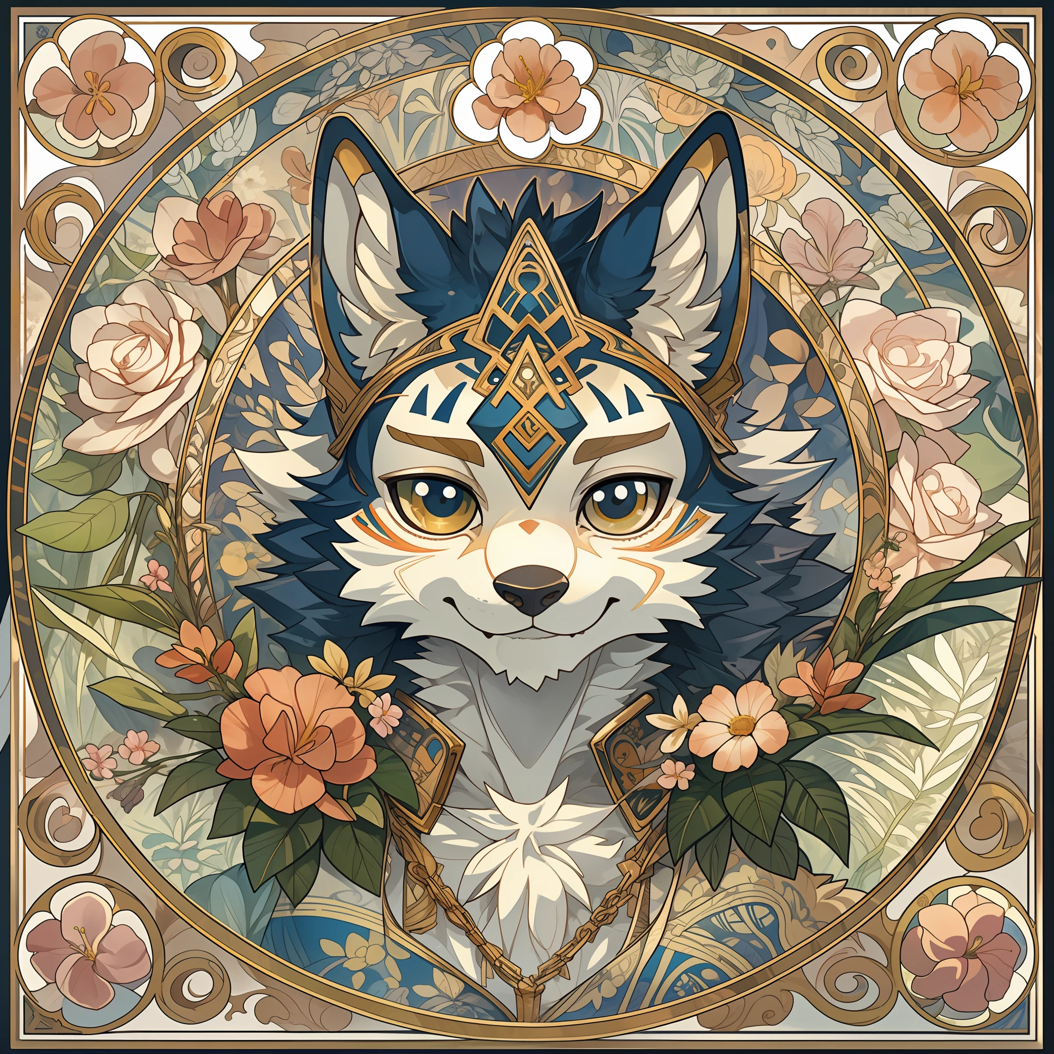 top quality, best quality, logo mark, stamp, Geometric pattern, vector-art, High-quality illustrations by Alfons Mucha, masterpiece(kemono, furry anthro)flower,