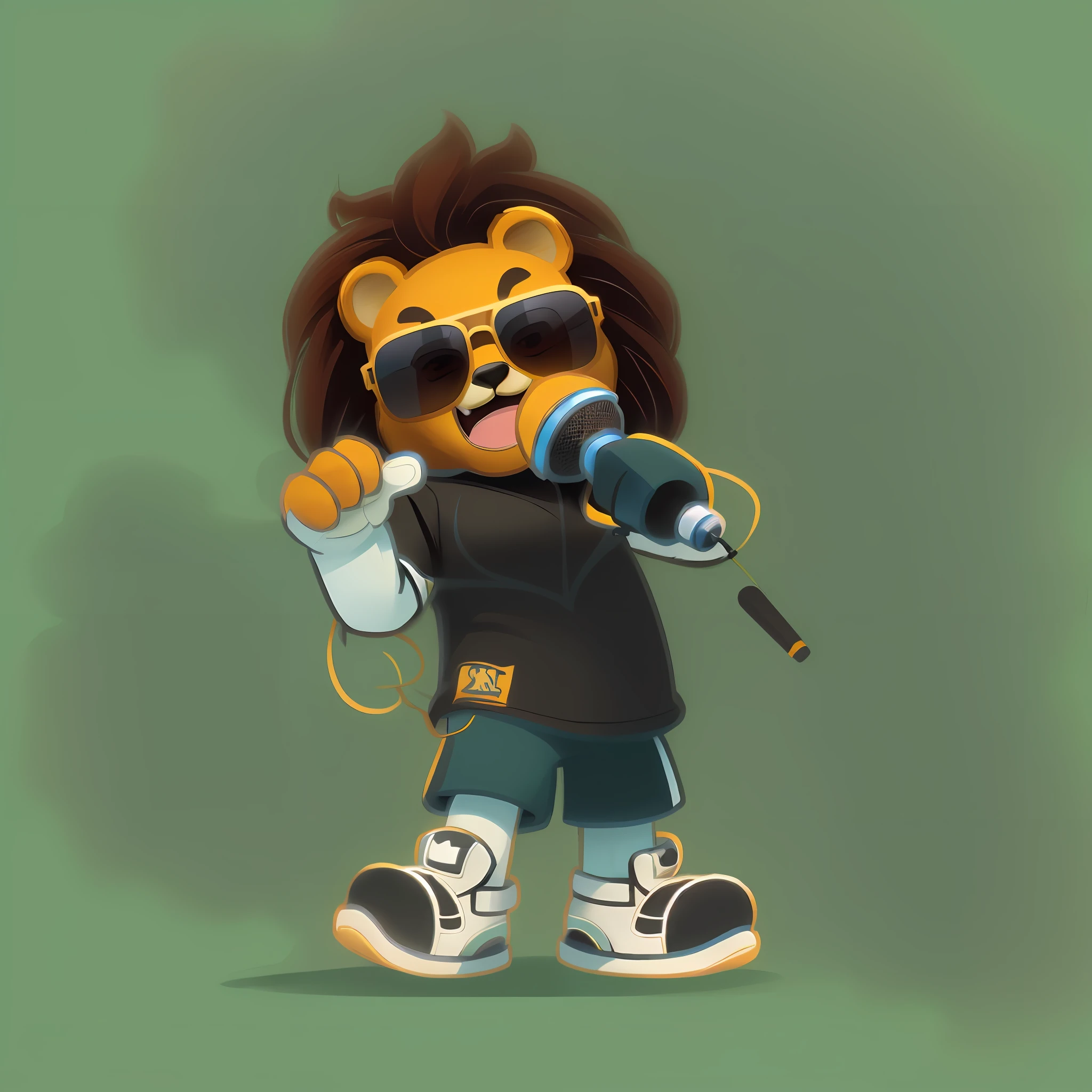 cartoon of a lion with sunglasses and a microphone, mascot illustrations, Full body lion, sports mascot, sports team mascot, full body mascot, cereal mascot, robot lion, looking heckin cool and stylish, japanese mascot,  rapping