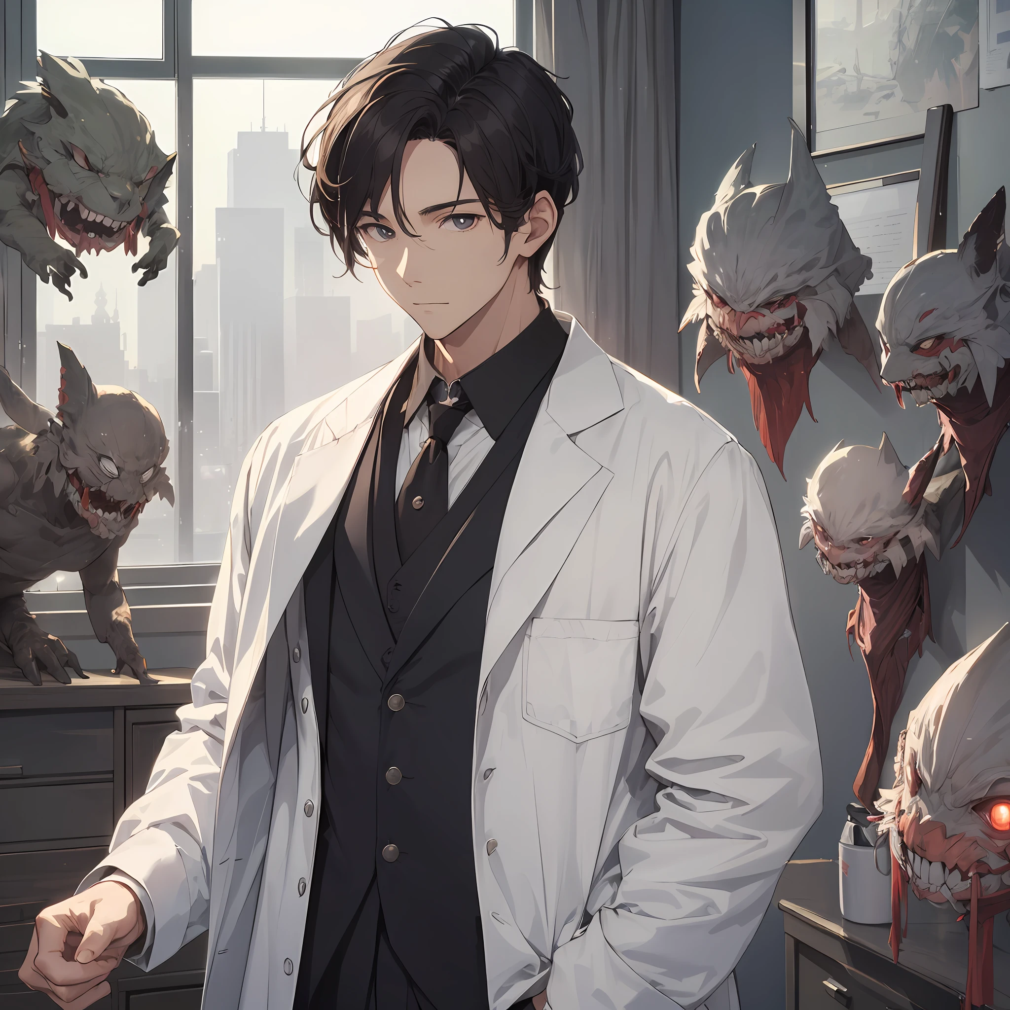 A handsome doctor，Wearing a white coat，Delicate facial features，The expression is flat，The surroundings are full of small monsters and ghosts，Look out the window，With a dimly lit clinic as the background。