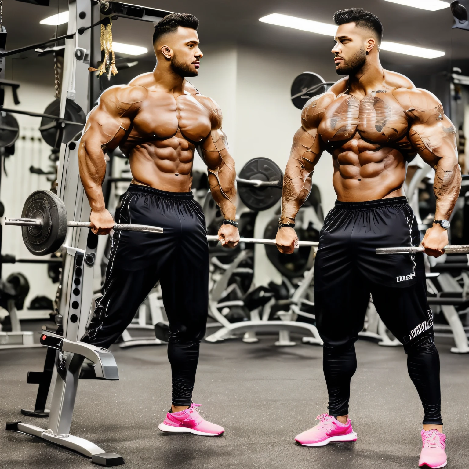 Multiple muscular men in transparent pants at workout --auto