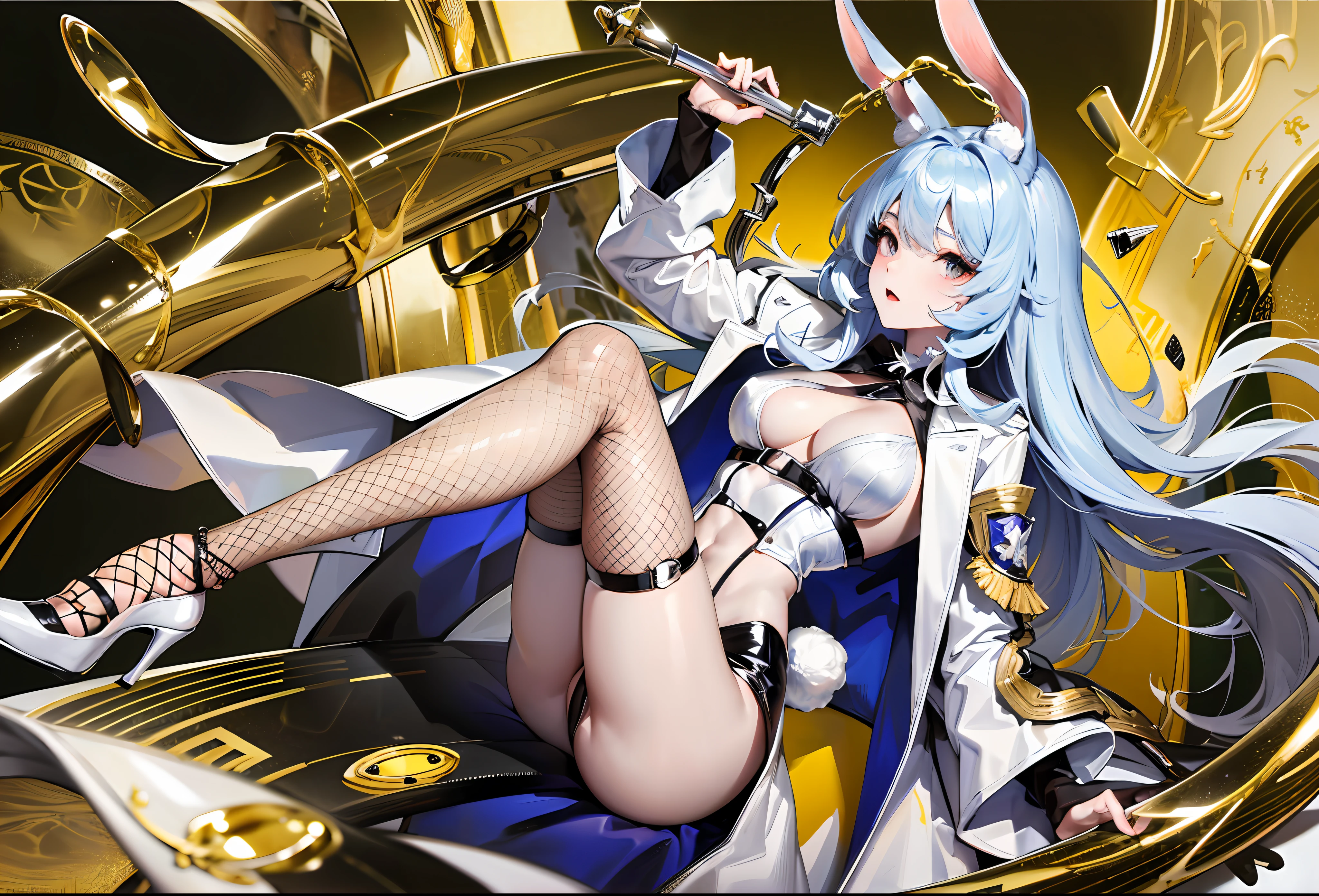 Milf woman, Charming, Perfect face,((1人)), nmasterpiece, the best quality, intricate detials, Pole dancing,(shiny skins, shining body, Shiny radiant skin, shining hair, Pale complexion), (Super huge,beauty legs), attractive, Abs, Adults,(rabbit girl), 耳环, (White trench coat,Black leather coat,fishnet stockings,White high heels),(with open legs),silverlong hair, Perfect and detailed face, Perfect and meticulous hands, Bunny ears, Rabbit tail, dark eye, Drunk, medium large shoot, 3/4 Shoot