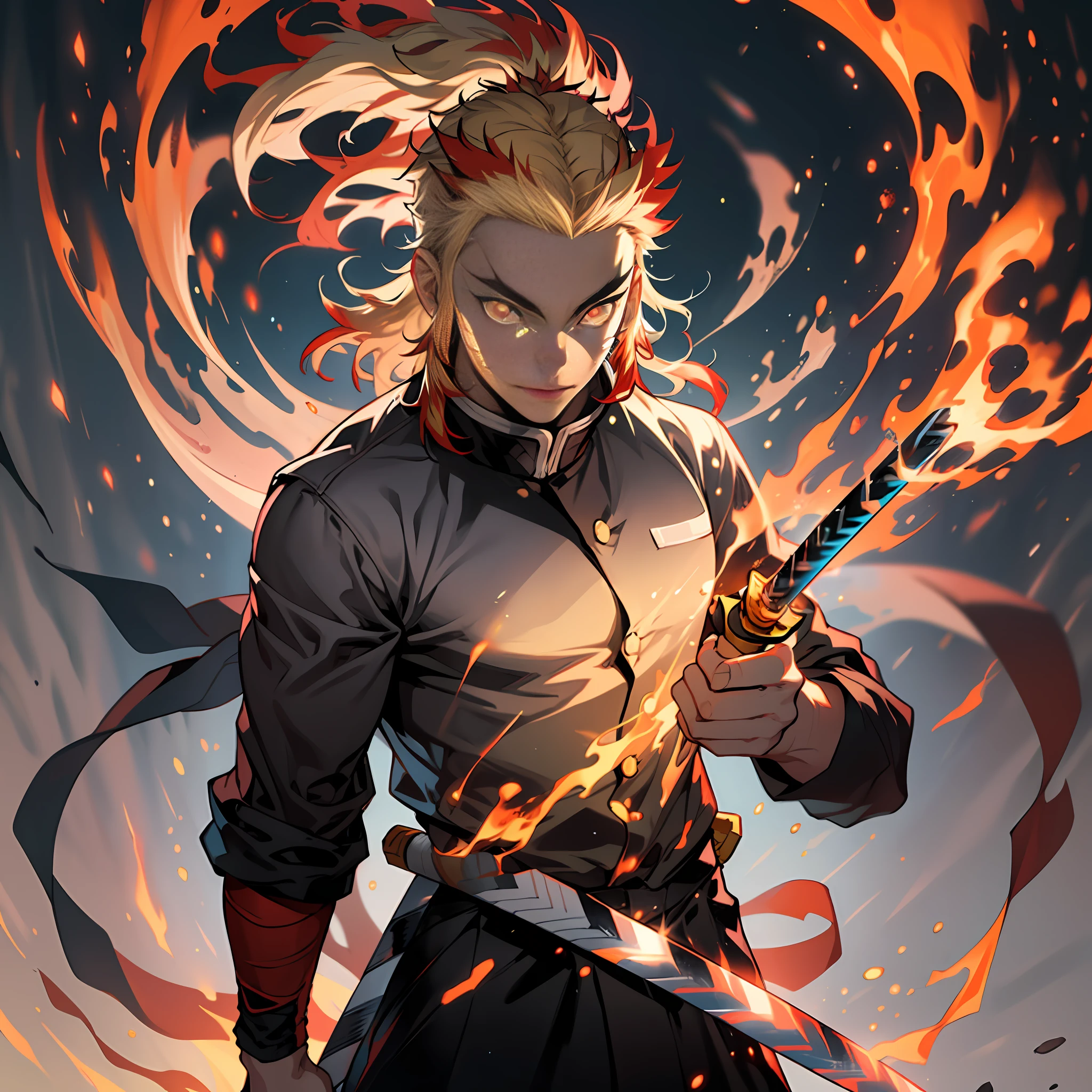 (extremely realistic, high definition character design), Rengoku Kyojuro standing in Sage Of Six Path Mode(Naruto), majestic and powerful,(red glowing eyes:1.2),(glowing sword:1.3), flames engulfing his body, dynamic pose, standing on a burning battlefield, intense light and shadow contrast, high saturation colors, vivid and impactful.