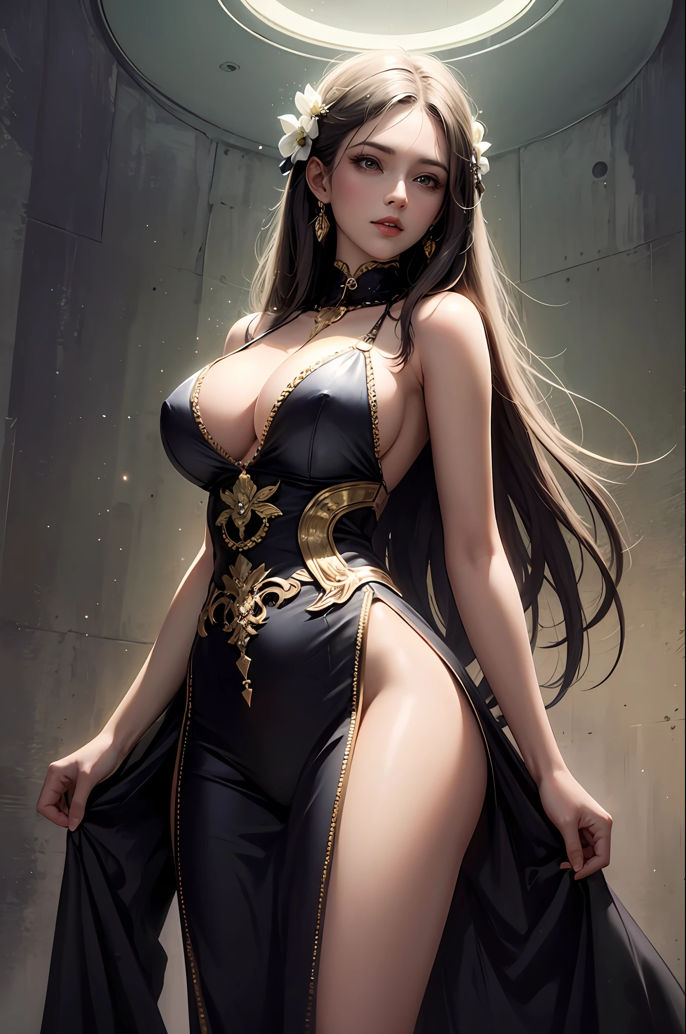 1girl huge large breasts,goddesses,Vi delicate and beautiful face,long golden hair,flowy,full breast,Convex buttocks,Transparent tulle,perfectly proportioned, Detailed clothing details,Temple,wonderland,Cinematic lighting, filmgrain, Fujicolor, light and darkcontrast, 8K, 巨作, Textured skin, Super detail, High detail, High quality, high resolucion,
