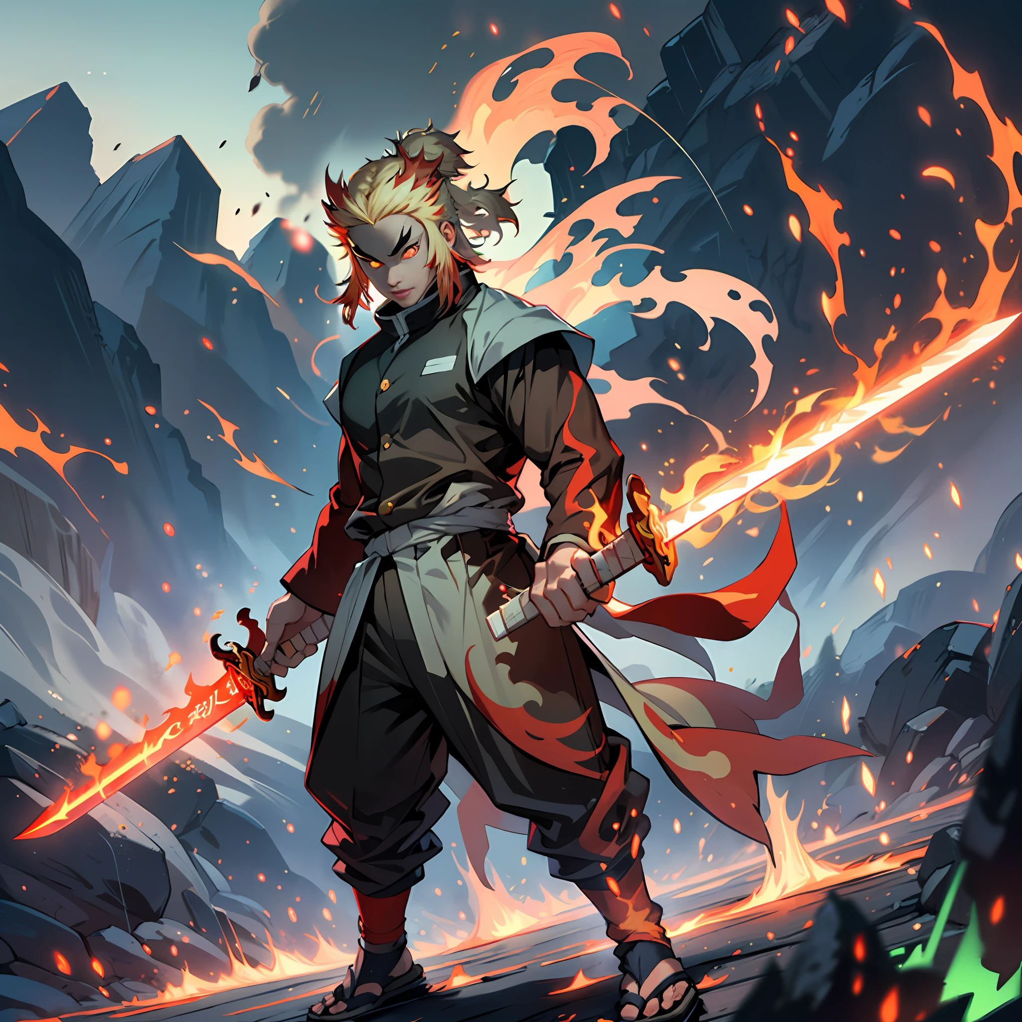 (extremely realistic, high definition character design), Rengoku Kyojuro standing in Sage Of Six Path Mode(Naruto), majestic and powerful,(red glowing eyes:1.2),(glowing sword:1.3), flames engulfing his body, dynamic pose, standing on a burning battlefield, intense light and shadow contrast, high saturation colors, vivid and impactful.