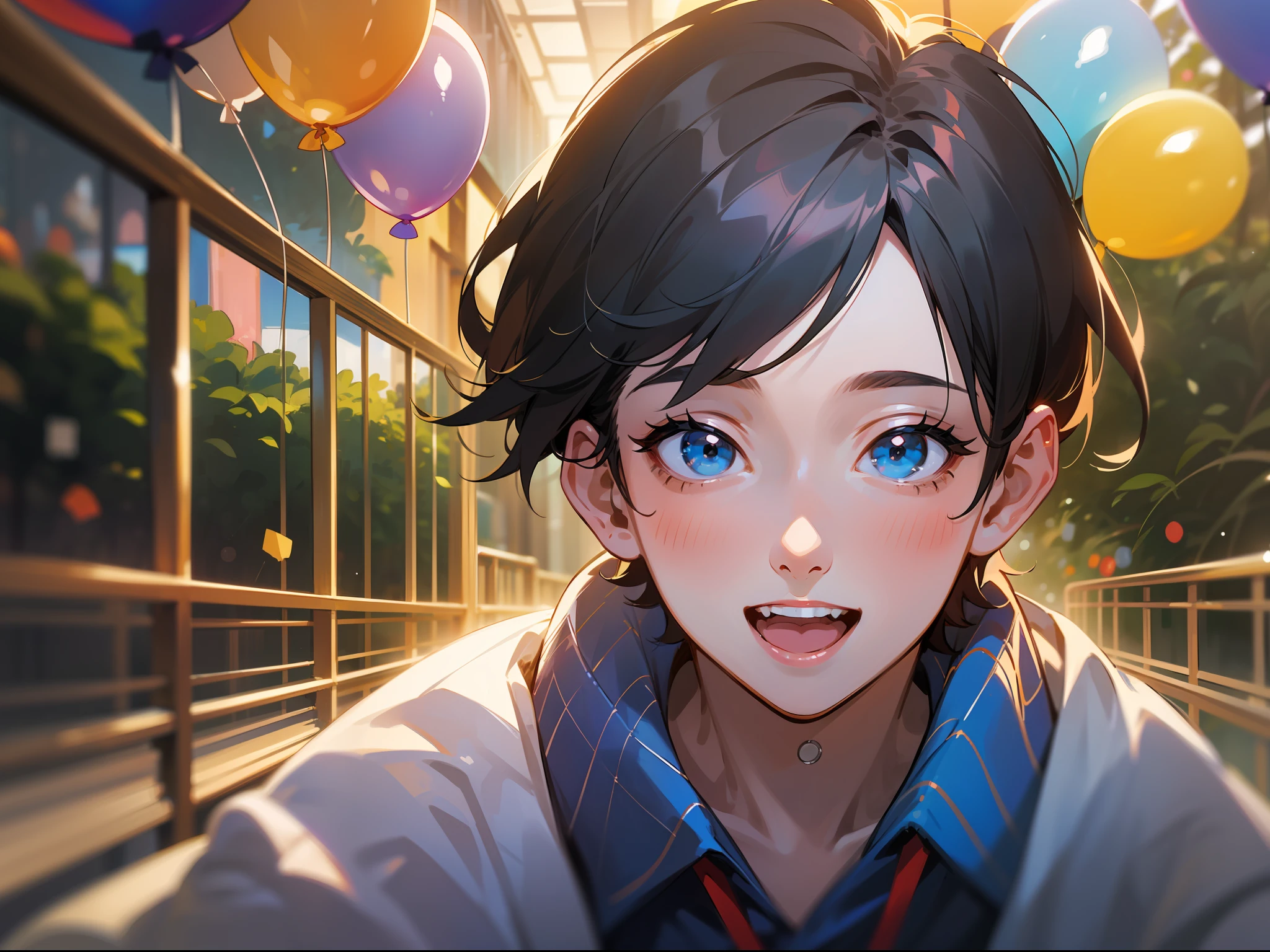 A boy, zoo, many balloons, happy, happy, perfect quality, clear focus (clutter - home: 0.8), (masterpiece: 1.2) (realistic: 1.2) (bokeh) (best quality) (detailed skin: 1.3) (intricate details) (8K) (detail eyes) (sharp focus), (happy)
