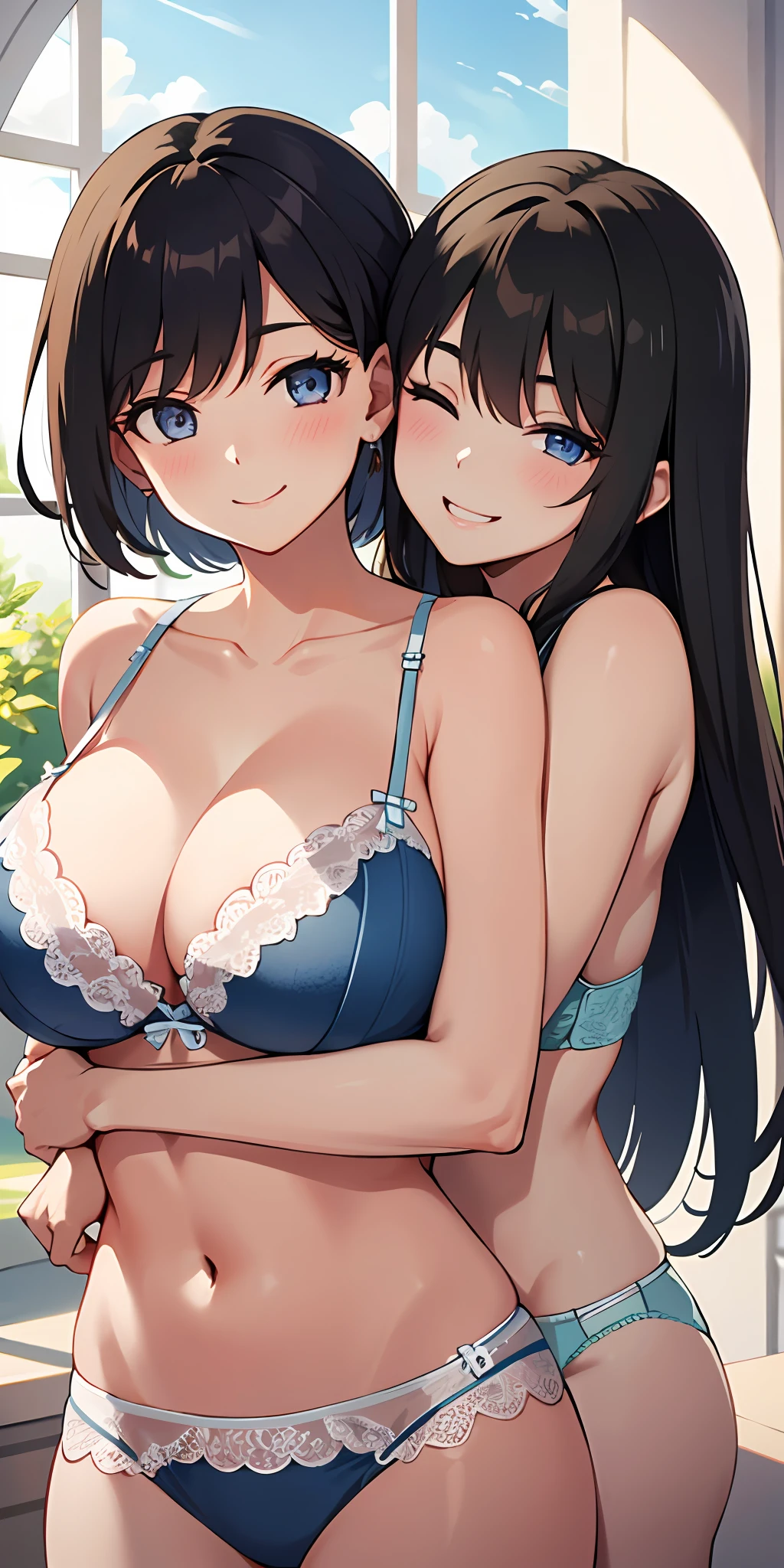 (Best quality:1.3), 2 women hugging, large breasts, lingerie, smiling