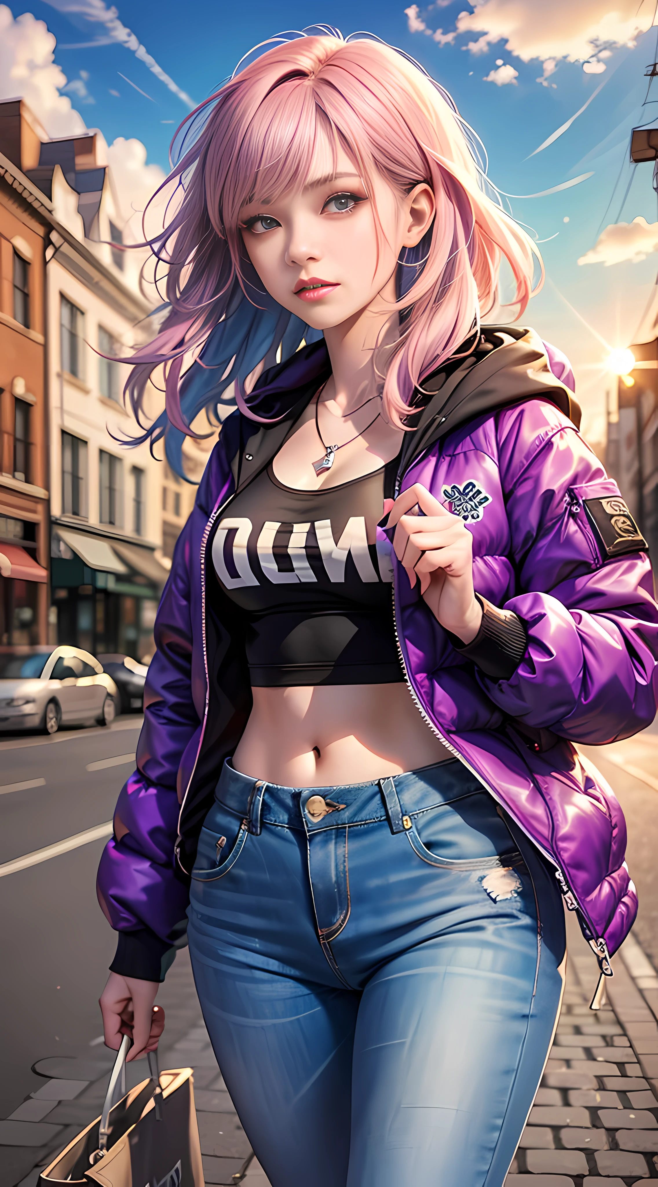 Ultra high quality,8K,Girls do not show their breasts,High cold wind,The head proportions are perfect,Long blue pink hair,Bread down jacket,Letter T-shirt,Denim pants,Swan neck,brimming with sunshine,necklace of diamonds,The body is well-proportioned,The clothes are brightly colored,High saturation,High detail depiction,schools