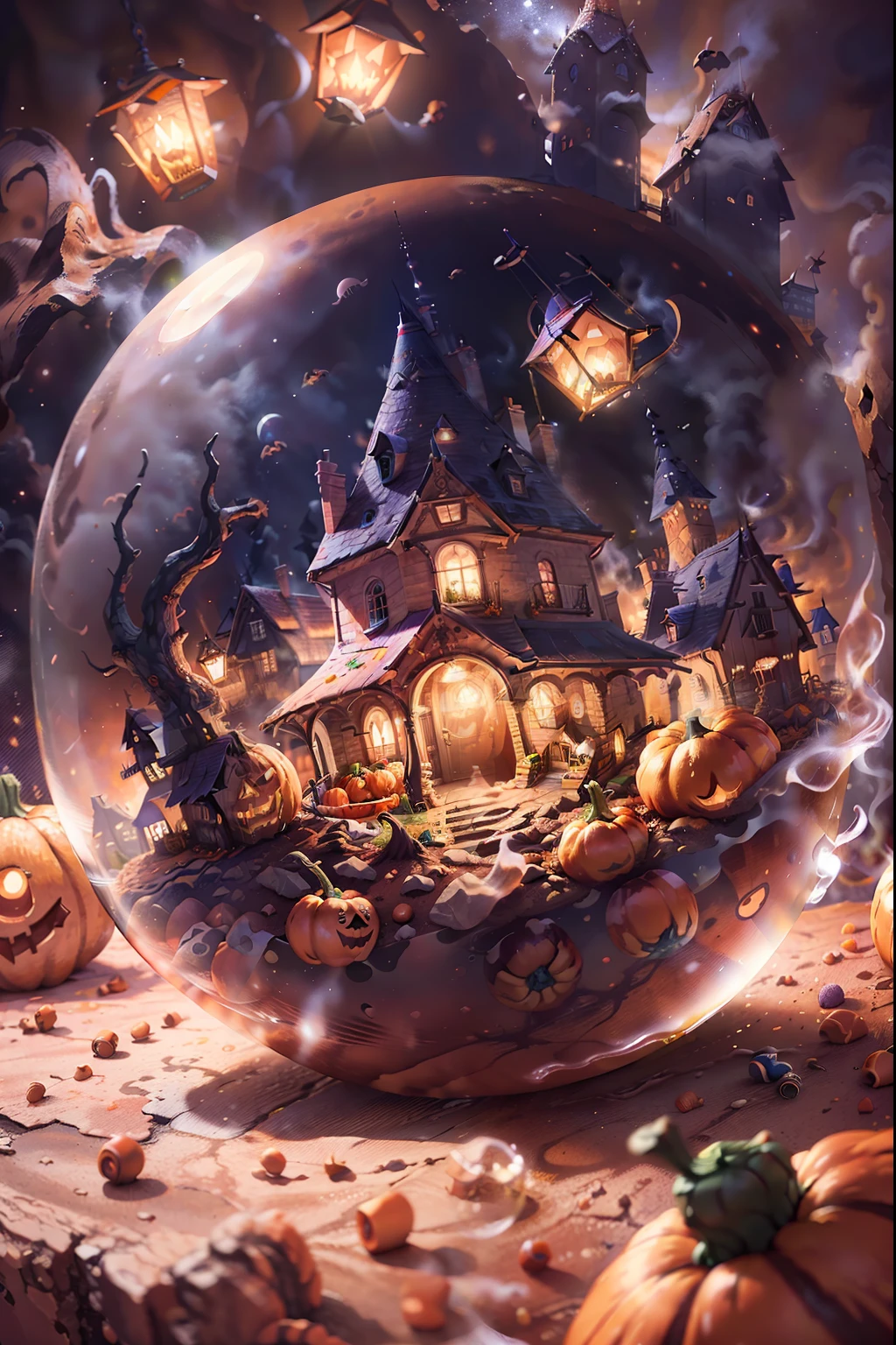 mini\(ttp\), (8k, RAW photo, best quality, masterpiece:1.2), colorful background, clean background, depth of field, halloween house, pumpkin, ghosts,  fog, ,miniature, isometric, in Crystal ball,