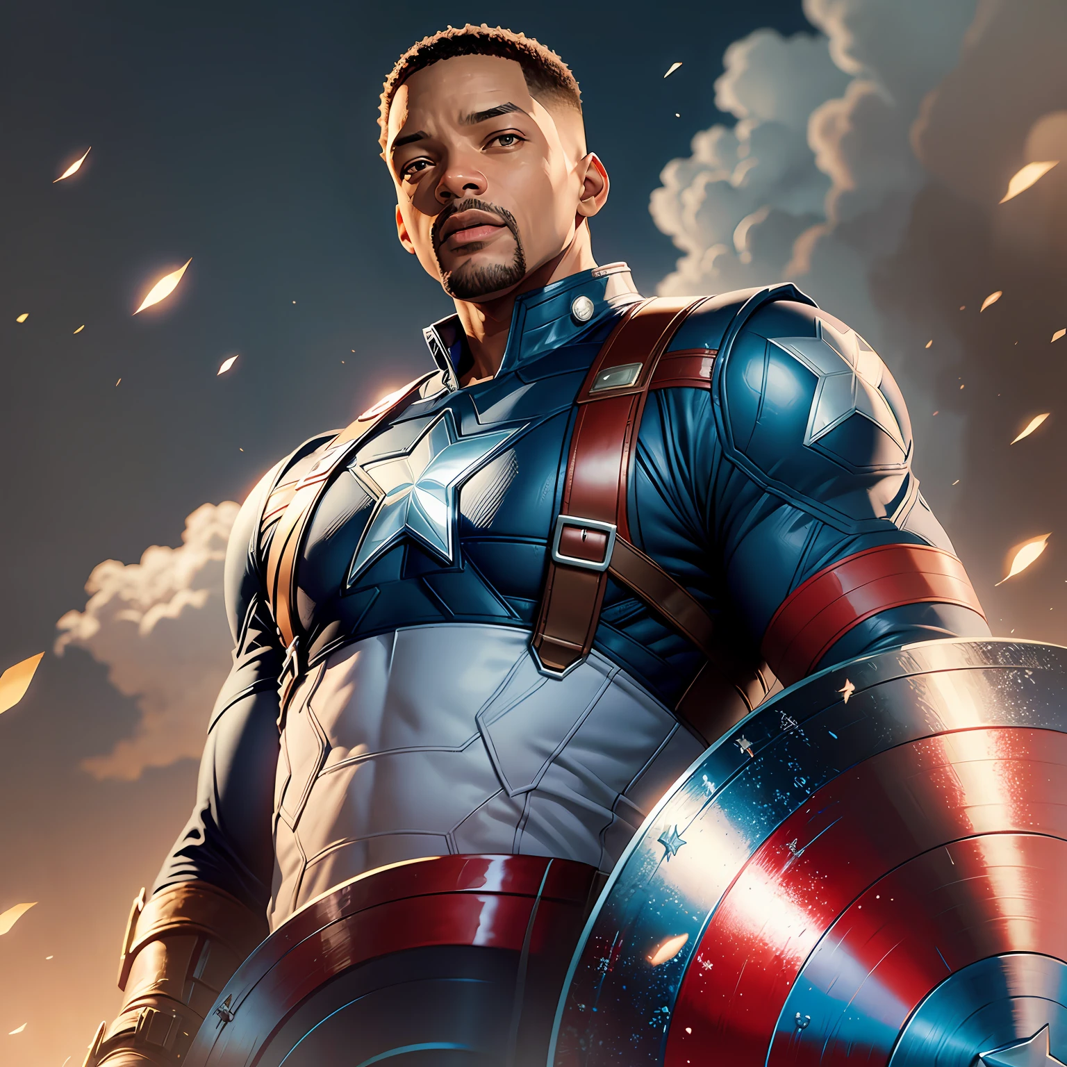 Tarantino style, Will Smith as Captain America 8k, high definition, detailed face, detailed face, detailed eyes, detailed suit, in style of marvel and dc, hyper-realistic, + cinematic shot + dynamic composition, incredibly detailed, sharpen, details + superb details + evening with light + perfectionism + award winning realism ((moody lighting)),(upper body) --auto