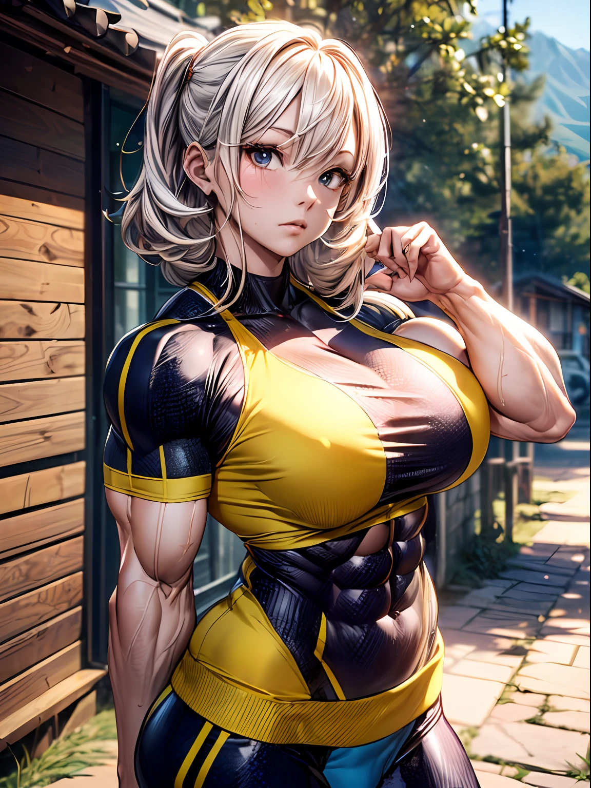 (Best lighting) , (ultra intricately detailed) , 4k unity, (super-detailed CG: 1.2) , (8K: 1.2),(Original), (巨作) , (Best quality),(巨作:1.4),Anime-ish high quality,(巨作),巨作, Best quality, Absurde,((masterpeace, 4K, 8K, high resolucion))1girl huge large breasts, She was hiking a mountain,Head to a mountain resort, hiking clothes, Spring, boots, Perfect figure, short yellow asymmetrical hair, Sweat, Dynamic pose, ((body builder:1.5)),temple background,(Beautiful bace),(girl),(Female),(((Upper body:1)))