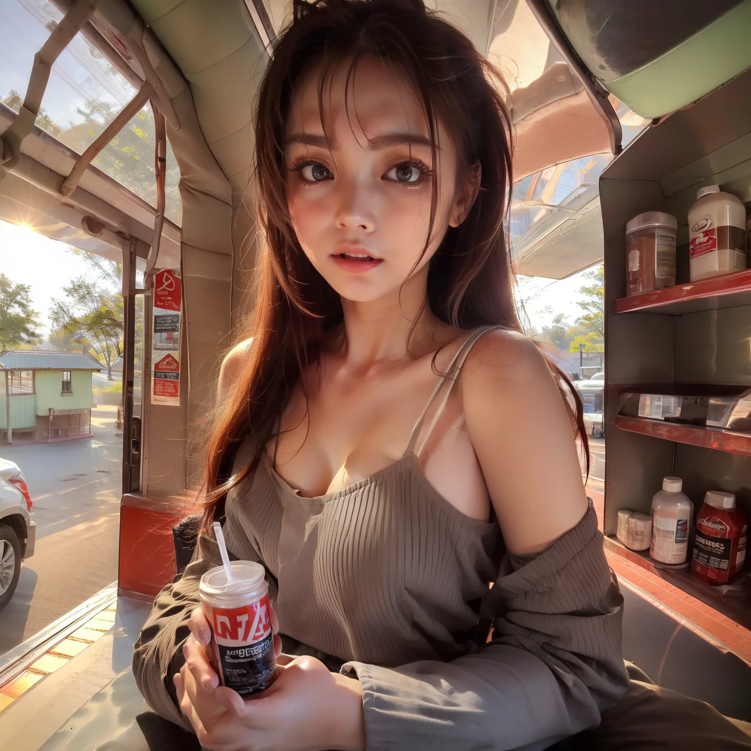 Taking throat medicine in the form of a thin little energy drink、Russian young woman trying to stop coughing、Wearing summer clothes、Holding her Japan room in the background、small tits、With gray eyes、having eyebrows above the eyes,、Young Russian woman with neat light brown bangs、College Student Woman