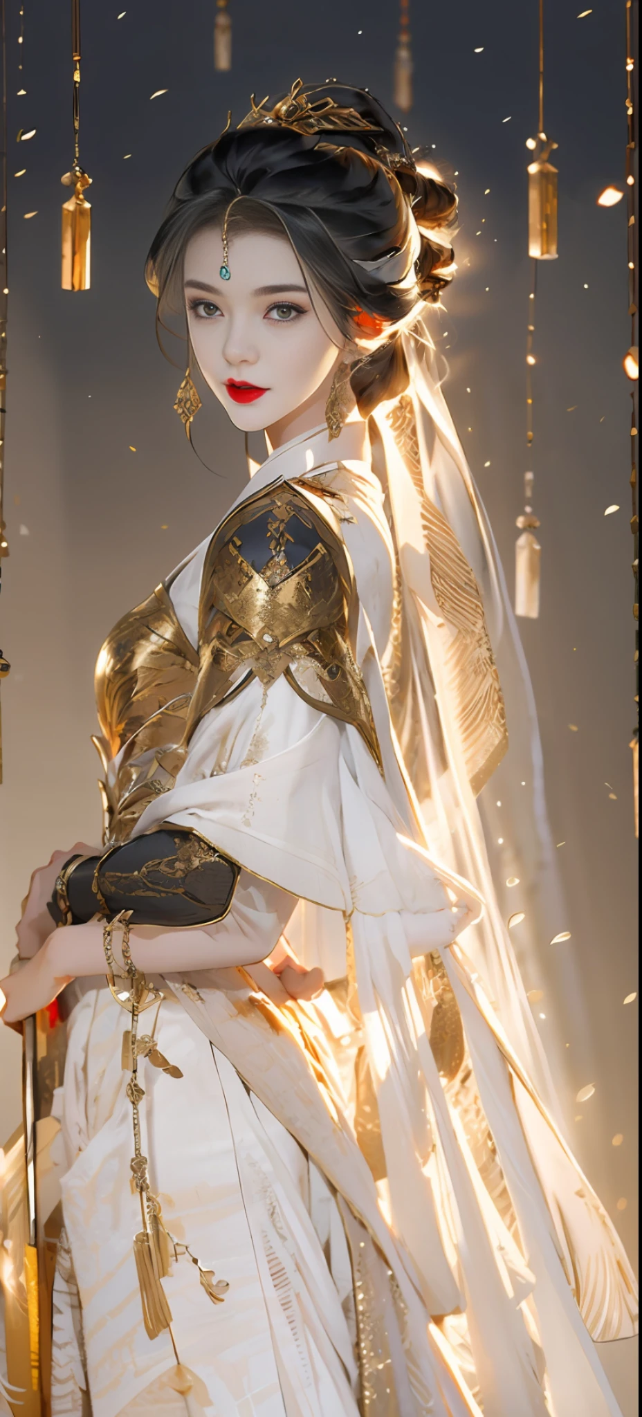 Beautiful details for girls,Very detailed eyes and face,beautiful eyes in detail,Ultra-detailded,high resolucion,Very detailed,The best quality,illustration,exquisite detailing,Best quality,Very detailed CG,8k壁紙,agirl,woods,Long black hair,ponytailhair,Gold ornaments,bangle,(White veil),Beauty of the Western Regions,With a machete,(((White clothes))),peach blossom,Lanterns,complex texture,streamers,Shoulder armor,Armour,,Skirt armor,sophisticated background,