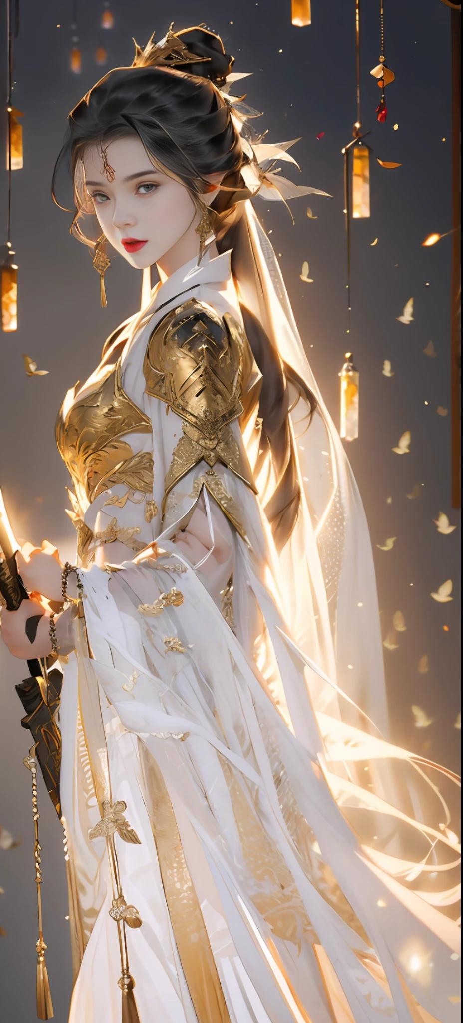 Beautiful details for girls,Very detailed eyes and face,beautiful eyes in detail,Ultra-detailded,high resolucion,Very detailed,The best quality,illustration,exquisite detailing,Best quality,Very detailed CG,8k壁紙,agirl,woods,Long black hair,ponytailhair,Gold ornaments,bangle,(White veil),Beauty of the Western Regions,With a machete,(((White clothes))),peach blossom,Lanterns,complex texture,streamers,Shoulder armor,Armour,,Skirt armor,sophisticated background,