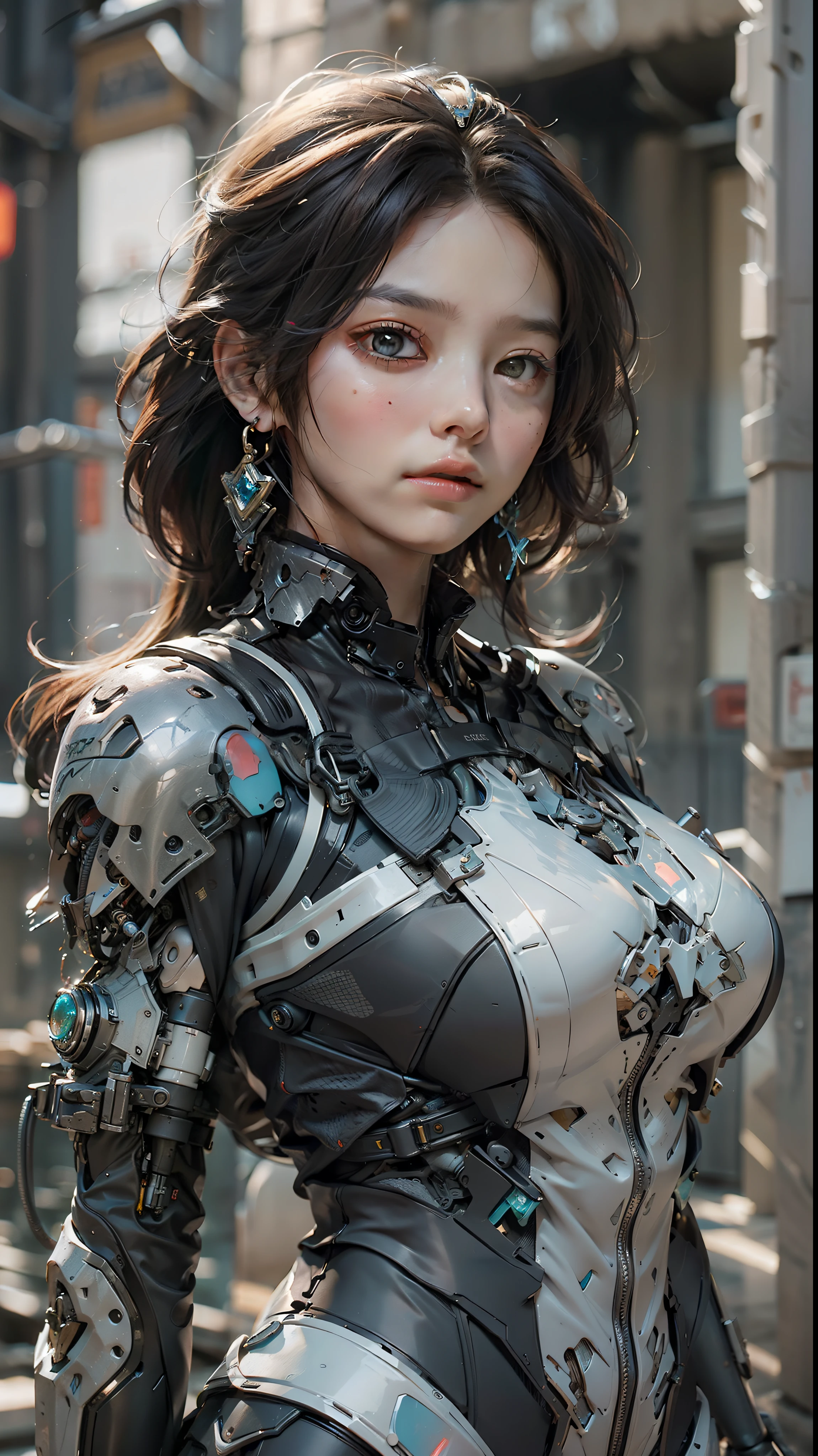（（nmasterpiece））， （（最佳质量））， （ultra -detailed）， （（The high-contrast））， （high saturated）， （beautiful details eyes）， （（Extremely refined and beautiful））， （pretty hand）， （（The Perfect Hand））， summer， plein-air，Ruined city，Giant Breast Girl， Medium hair， bronde hair， asymmetricalbangs， Beautiful detailed glass hair， blue eyed， Cleavage small breasts， machinery suit， （（Glow body））， （Very shiny body）， Transparent parts， jewelries， decorations， gorgeou， posh， Fabulous， Lighting scattered throughout the body， illumination shines， Robots， Robots， Robots， high leotard， make realistic， Three-dimensional feeling， Mecha musume， mechanicalparts， Super robot joints， fully armoured， head piece