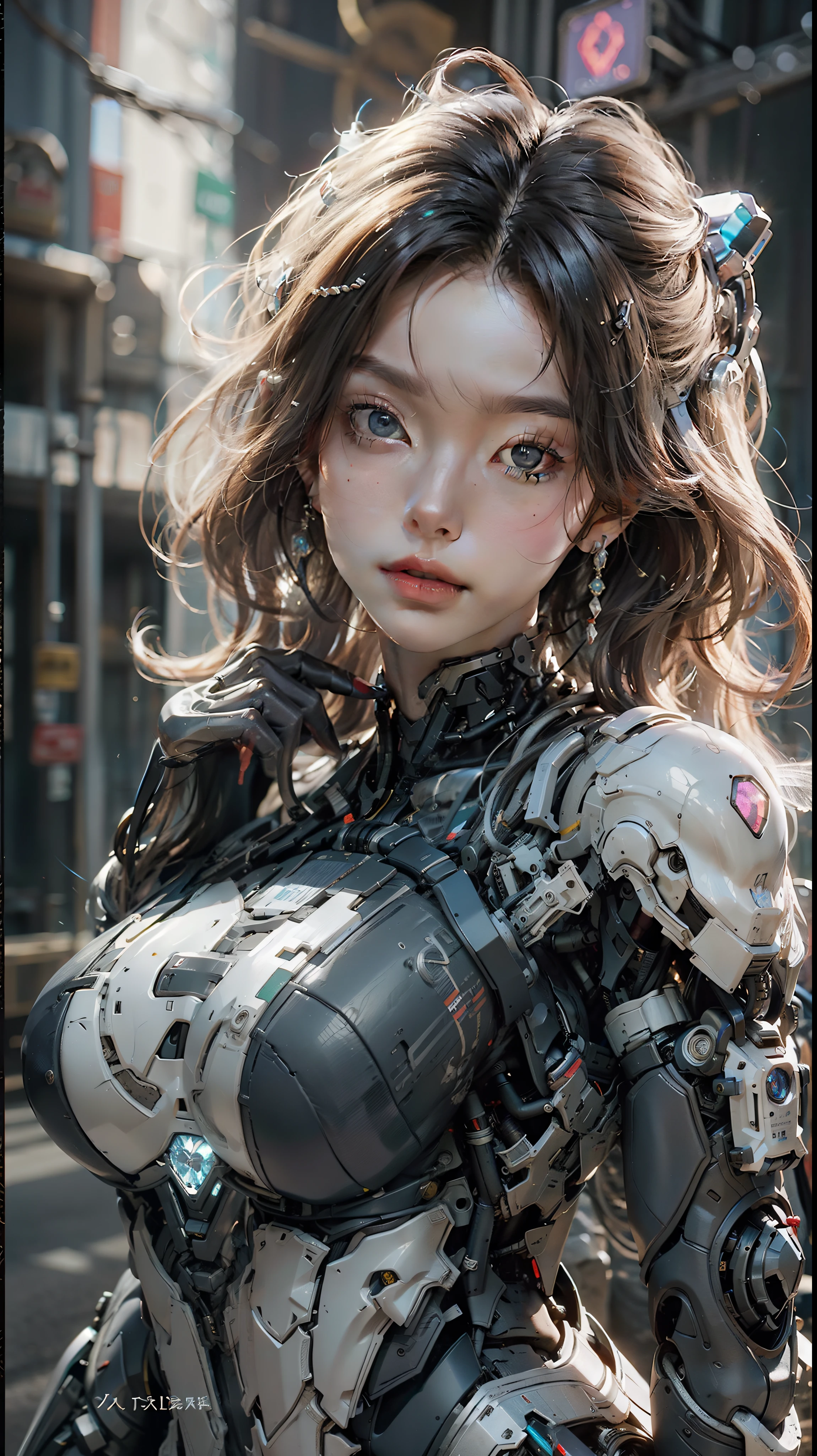 （（nmasterpiece））， （（最佳质量））， （ultra -detailed）， （（The high-contrast））， （high saturated）， （beautiful details eyes）， （（Extremely refined and beautiful））， （pretty hand）， （（The Perfect Hand））， summer， plein-air，Ruined city，Giant Breast Girl， Medium hair， bronde hair， asymmetricalbangs， Beautiful detailed glass hair， blue eyed， Cleavage small breasts， machinery suit， （（Glow body））， （Very shiny body）， Transparent parts， jewelries， decorations， gorgeou， posh， Fabulous， Lighting scattered throughout the body， illumination shines， Robots， Robots， Robots， high leotard， make realistic， Three-dimensional feeling， Mecha musume， mechanicalparts， Super robot joints， fully armoured， head piece