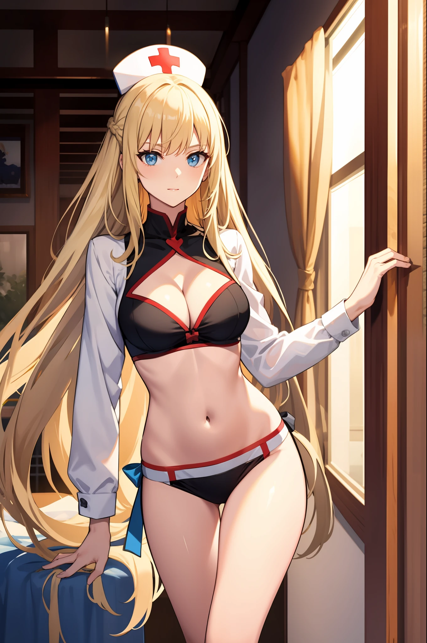 masterpiece, best quality, long hair,  medium breast, cleavage, navel, slim legs, morgan fate blonde hair, forest, nurse