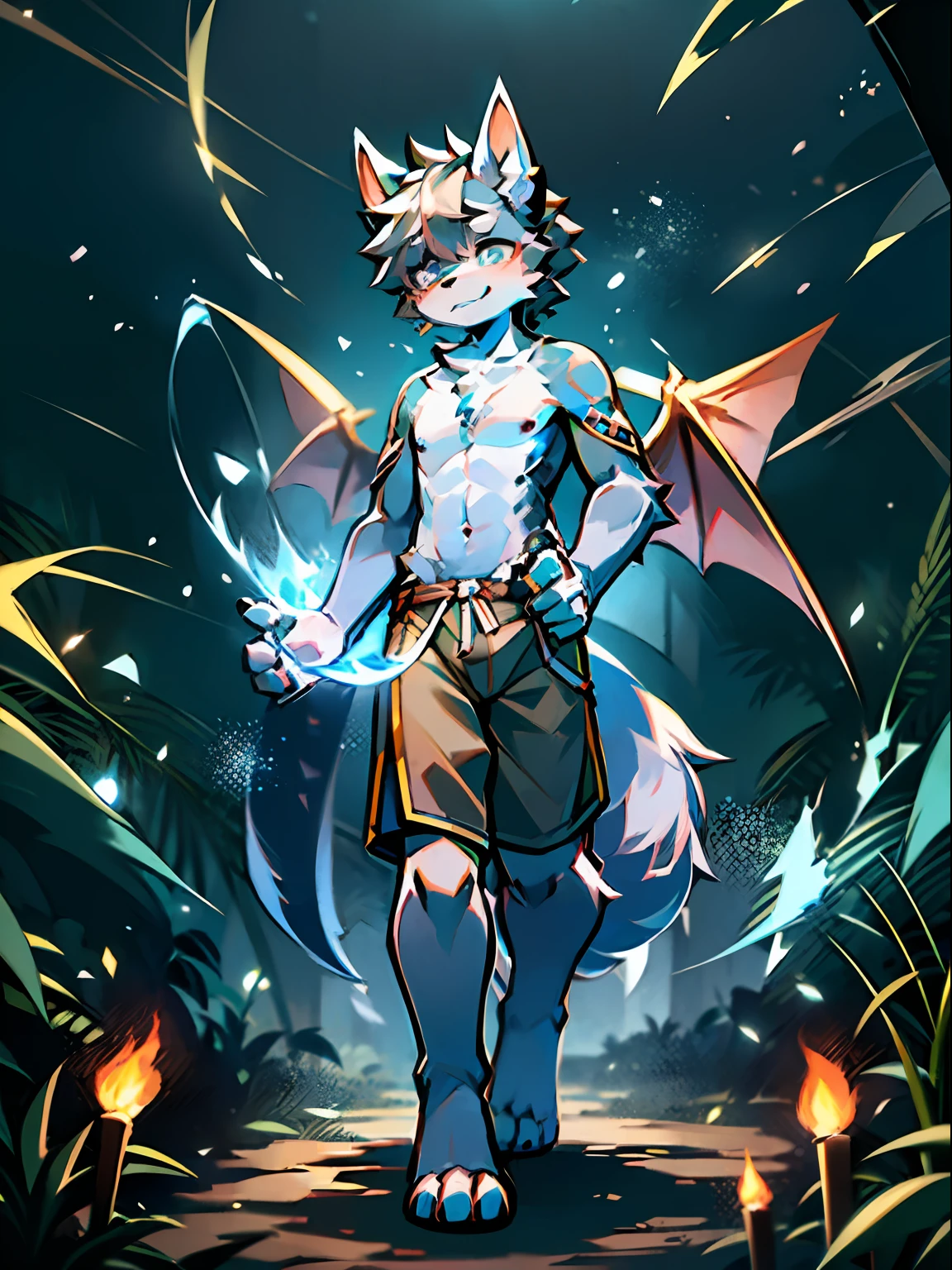 eyes with brightness, the panorama, Character focus ,Full body like,Side Body,独奏,solo person, shaggy, Correct human anatomy。Furry male wolf(Dragon and wolf combined), Male blue-white skin, The eyes are blue,(A pair of dragon wings), Gray hair(The long),There is a pair on the forehead(small nipple)Blue horns。fluorescence,In the rainforest,夜晚,bonfires,tribe outfit,Gray shorts,Walk,Take control of the magic,Ice floating in your hands,Pathfinding,looking around a corner,Young style,Height one meter seven,Handsome, There is a wolf tail,high-definition,8K,1440*2048