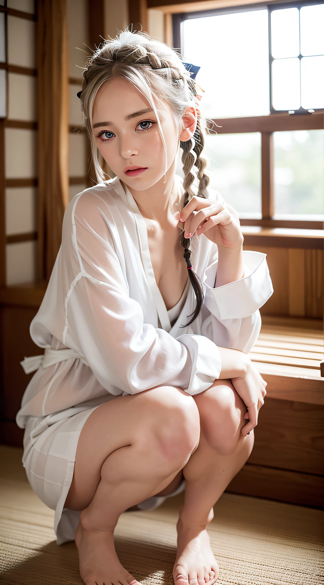 (Matsue:1.5), Blue eyes, White hair, Up close, Braided twin tails hair, masterpiece, Best quality, Raw photo, Photorealistic, Face, Incredibly absurd, Beautiful girl, Cute, Braided hair, Depth of field, High resolution, Ultra detail, Fine detail, Very detailed, Very detailed eyes and face, Sharp pupils, Realistic pupils, Sharp focus, Movie lighting, LOOSE BIG WHITE BLOUSE, WET BODY, FLAT , SMALL , SMALL , (SMALL BUST: 1.2), SMALL BUST,
(slim, small, flat, small), (sitting legs bending the knees)), squatting, (white silk panties are visible from the skirt),
Slender, delicate and  collarbone, WET BODY,