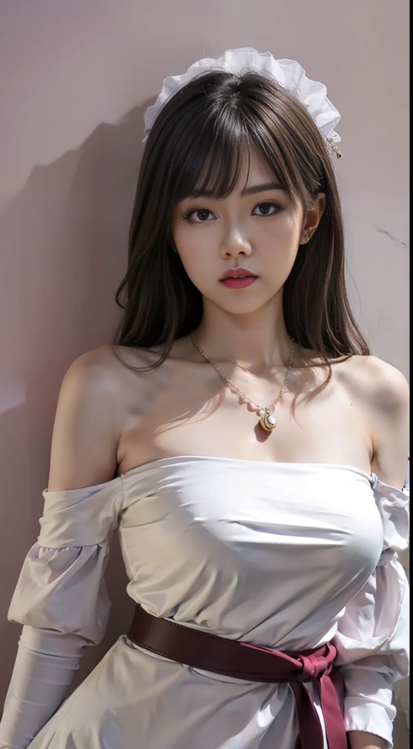 A Chinese woman on off-white wall background, fluffy hair, delicate face, realistic, real, slender, large aperture, wearing a light purple dress, round neck dress, off-the-shoulder dress, tight dress, black belt, with necklace,