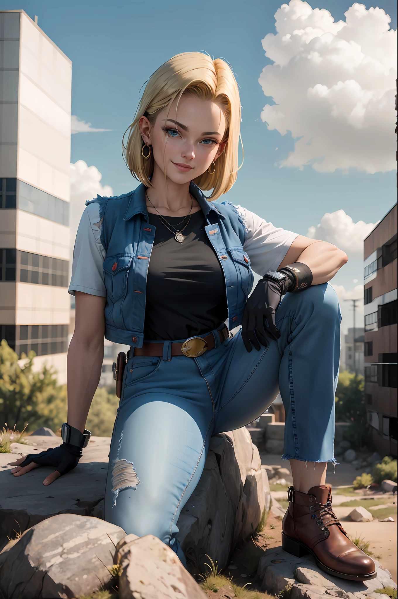 masterpiece, best quality, ultra-detailed, absurdres, Portrait of beautiful Android18DB, solo, earrings, jewelry, denim, smile, belt, vest, cloud, sky, day, pants, outdoors, gloves, necklace, jeans, rock, sitting, sitting_on_rock, volumetric lighting, best quality, masterpiece, intricate details, tonemapping, sharp focus, hyper detailed, trending on Artstation,