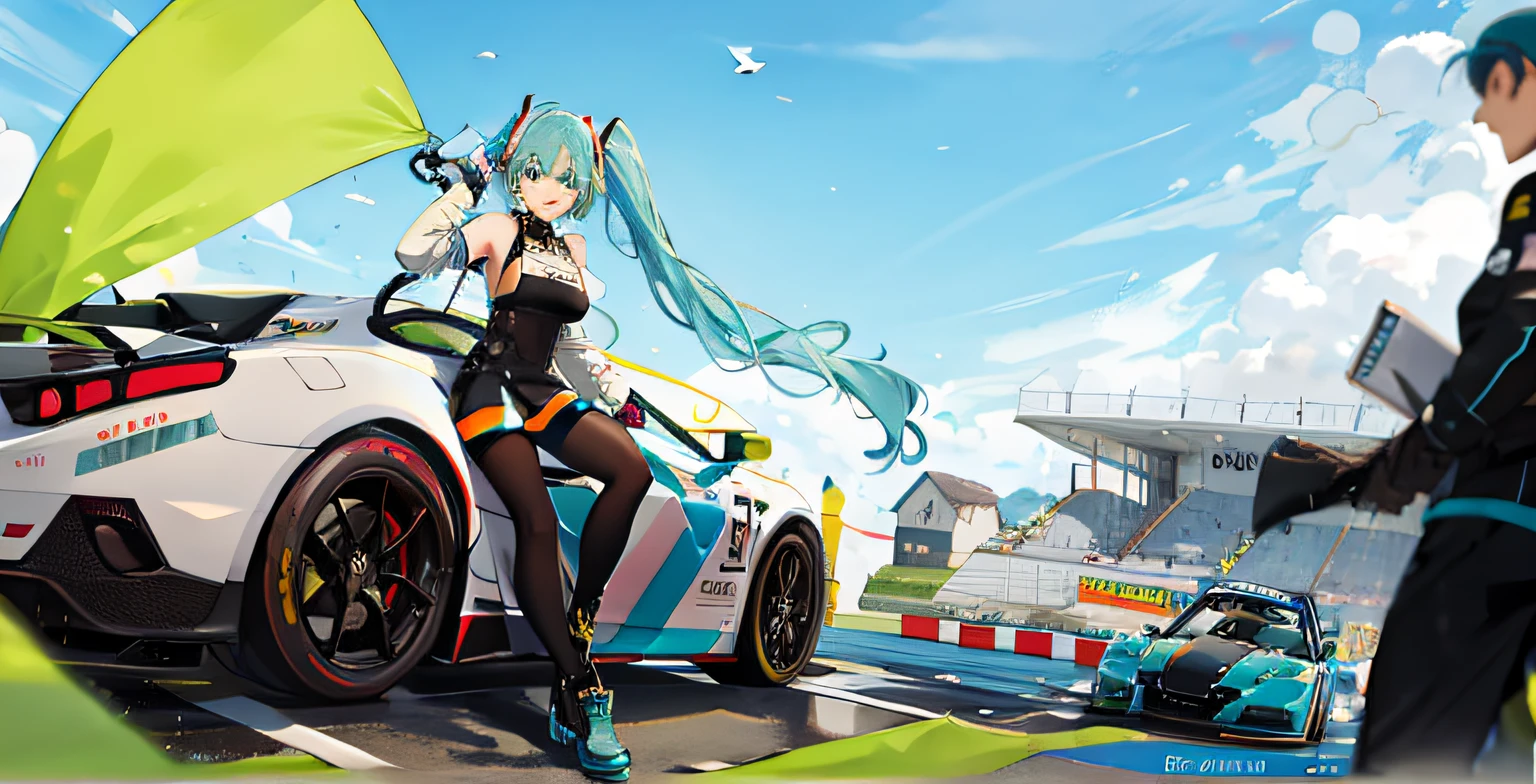Anime girl with long green hair sitting in white sports car, Big breasts Hatsune Miku!!!Pisif 3DCG, mikudayo, Pisif style, vocaloid, Pisif Contest Champion, Big breasts Hatsune Miku!! short-cut hair, Double ponytail black_mitts, Highest rated on Pisif, Pisif, Happy!!!, Race track,Racing Tracks,masterpaintings!!HD paintings!!Fine white sports car!!Race track!!Clear facial features!!!!!Cute face