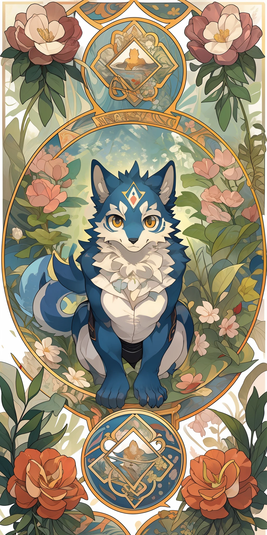 top quality, best quality, logo mark, stamp, Geometric pattern, vector-art, High-quality illustrations by Alfons Mucha, masterpiece(kemono, furry anthro)flower,
